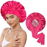 Vista 21 de Gorro de satén para dormir de doble capa con banda elástica para cabello rizado, gorro nocturno (pasta de frijol + rosa)
