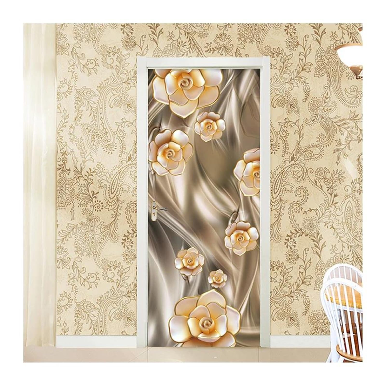 Sticker mural porte pour cacher les imperfections, décor fleurs dorées 3D en PVC