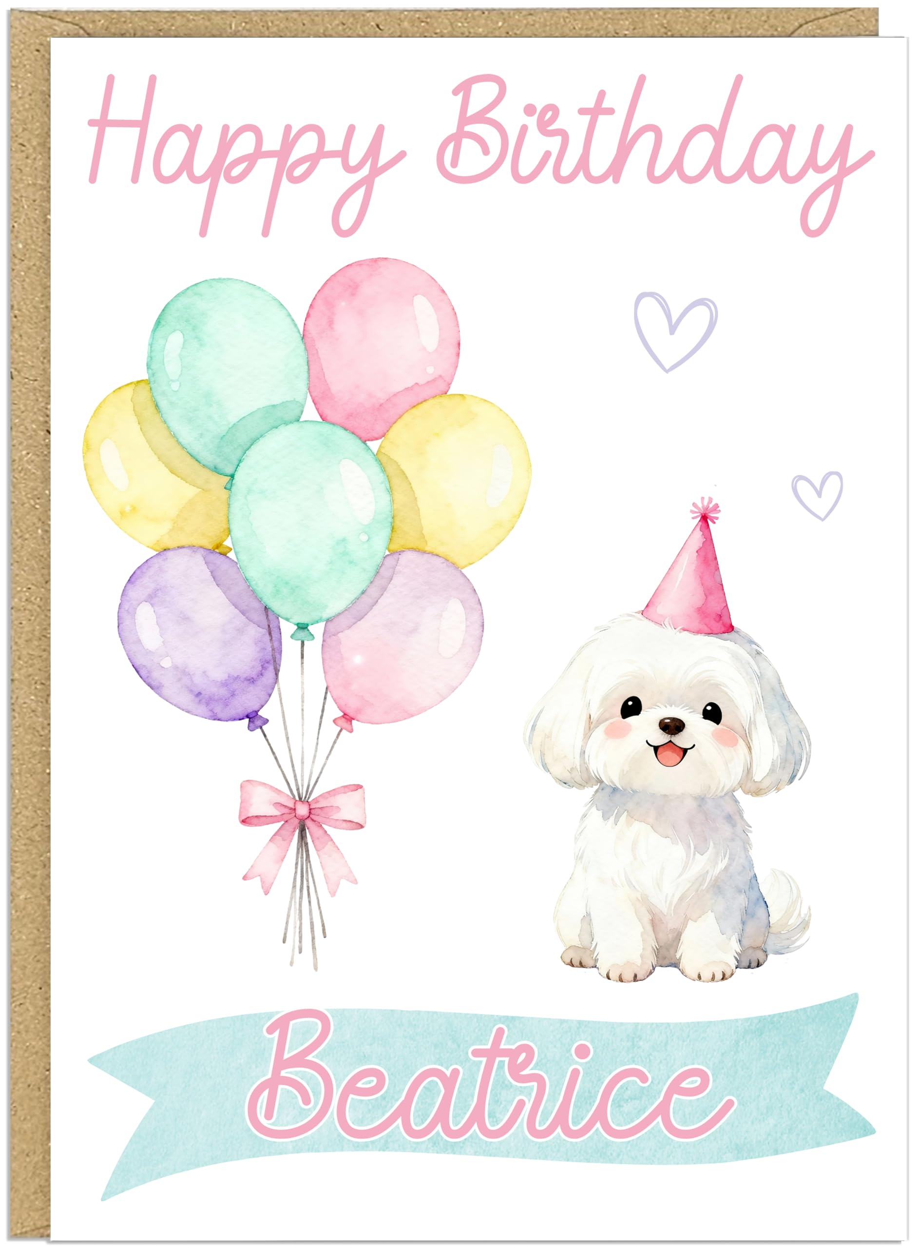 Personalised Happy Birthday Dog Breed Card - Custom Add Own Name Cute Puppy Dog Breed Design - Fun Pastel Puppy Birthday Greeting Cards for Girls Kids Teens Granddaughter (Maltese)
