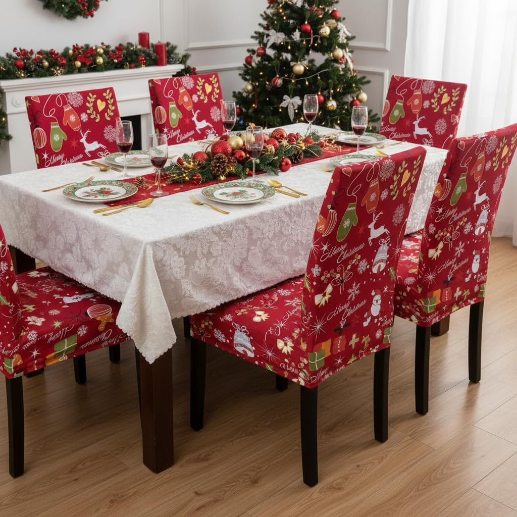 4 Pieces Christmas Xmas Spandex Stretch Washable Dining Room Chair Cover Protector Seat Slipcovers (4, Christmas Decoration Print)