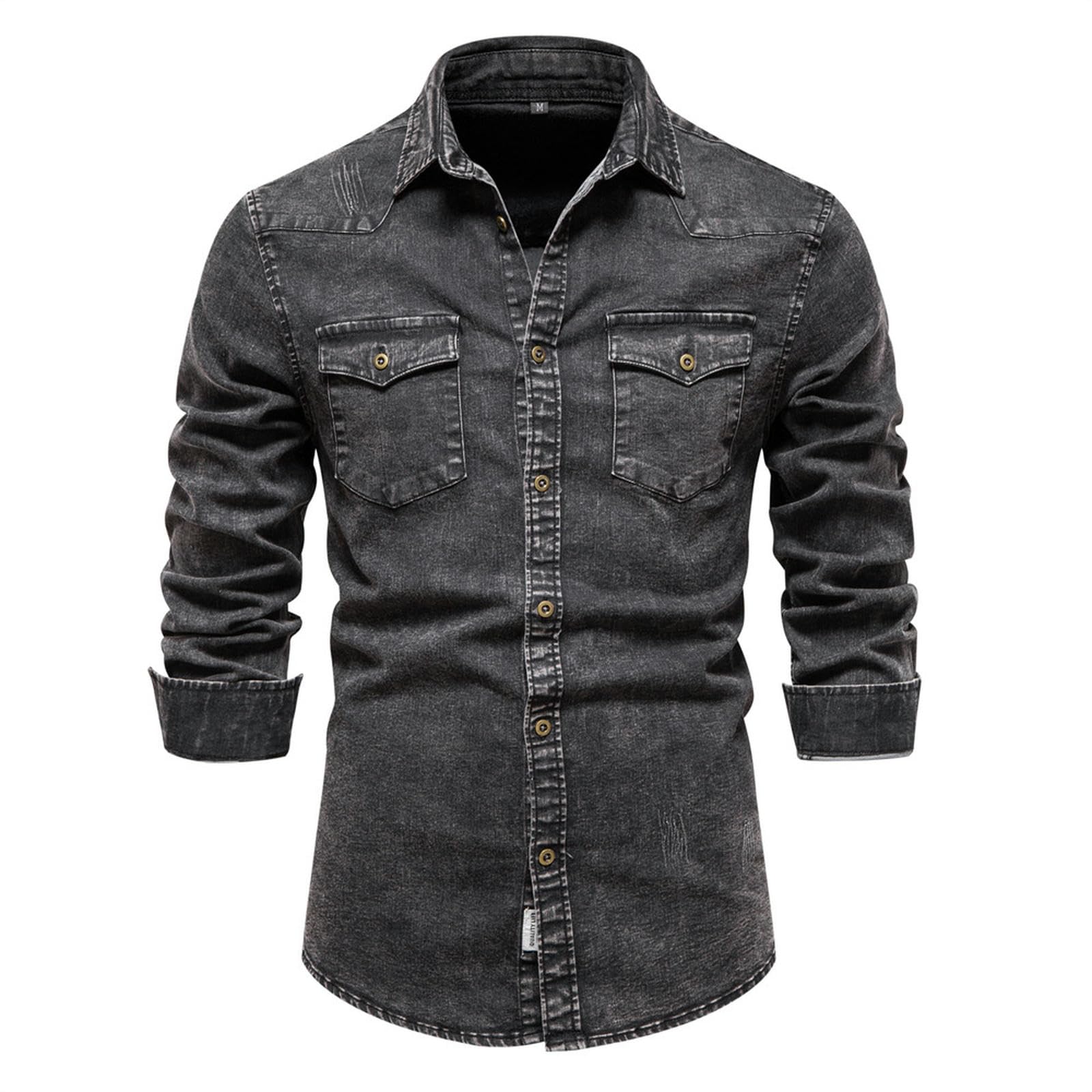 Camicia in Denim da Uomo Camicia Effetto Lavato Pesante da Uomo-Nero-S