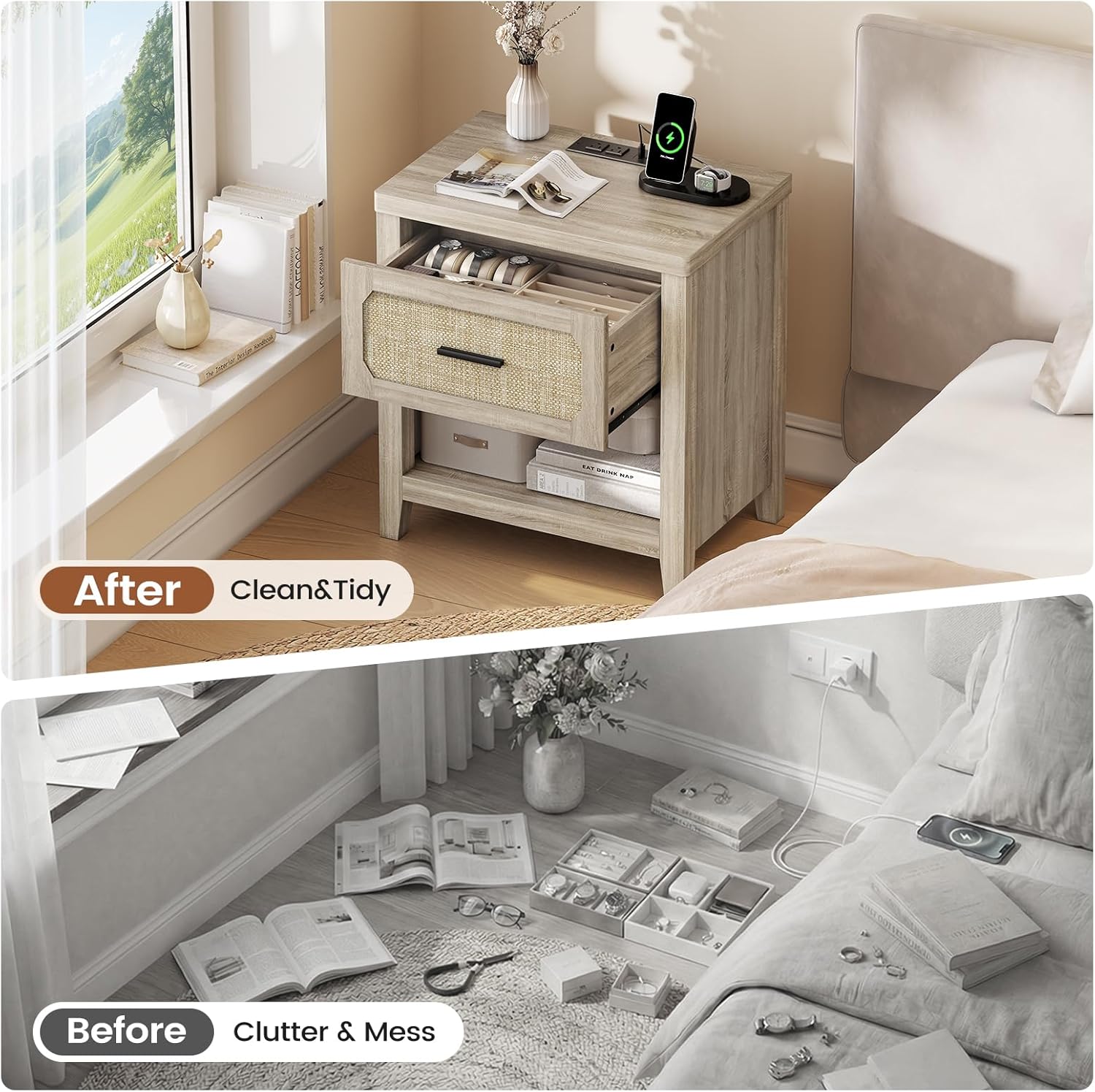 Rattan Nightstand Set of 2 with Charging Station, 22'' Wide Bedside Table with Drawer & Open Shelf, Wood Night Stand End Side Table with Storage for Bedroom, Grey Oak