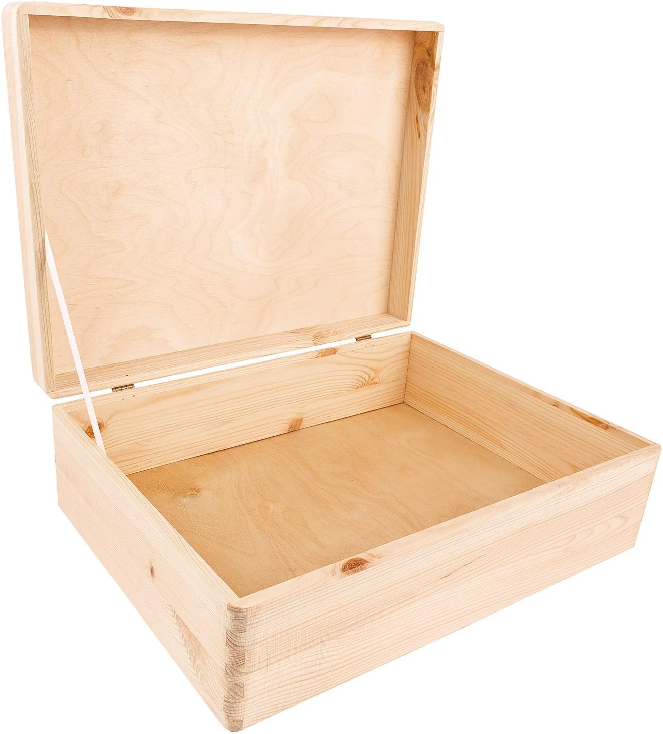 XL Plain Wooden Storage Box | 40 x 30 x 14 cm (+/-1 cm) | with Hinged Lid | Unpainted Gift Box for Tool Shoes Kitchen Storage | ROUGH & UNSANDED Wood Keepsake Memory Craft Chest