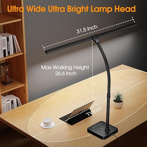 Miniatura 7 de ShineTech Lámpara de escritorio LED para oficina en casa, luz de escritorio de doble cabezal de 24 W con carga inalámbrica, puerto USB, 25 modos de