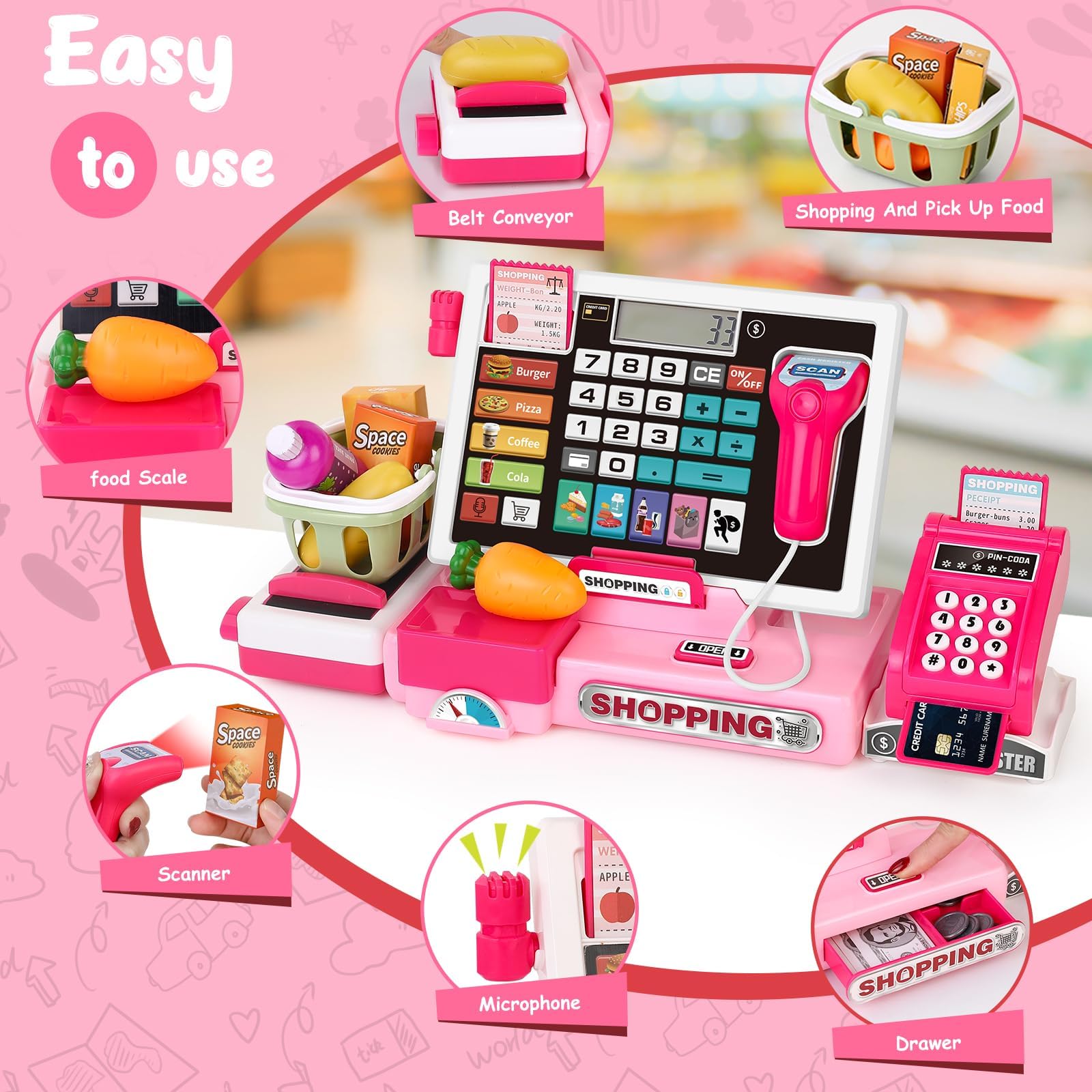 2025 Cassa Giocattolo per Bambini, Supermercato con Microfono/Scanner/Scontrino/Soldi Finti/Pos/Carte di Credito/Giochi Alimentari e Calcolatrici Reali, Rosa