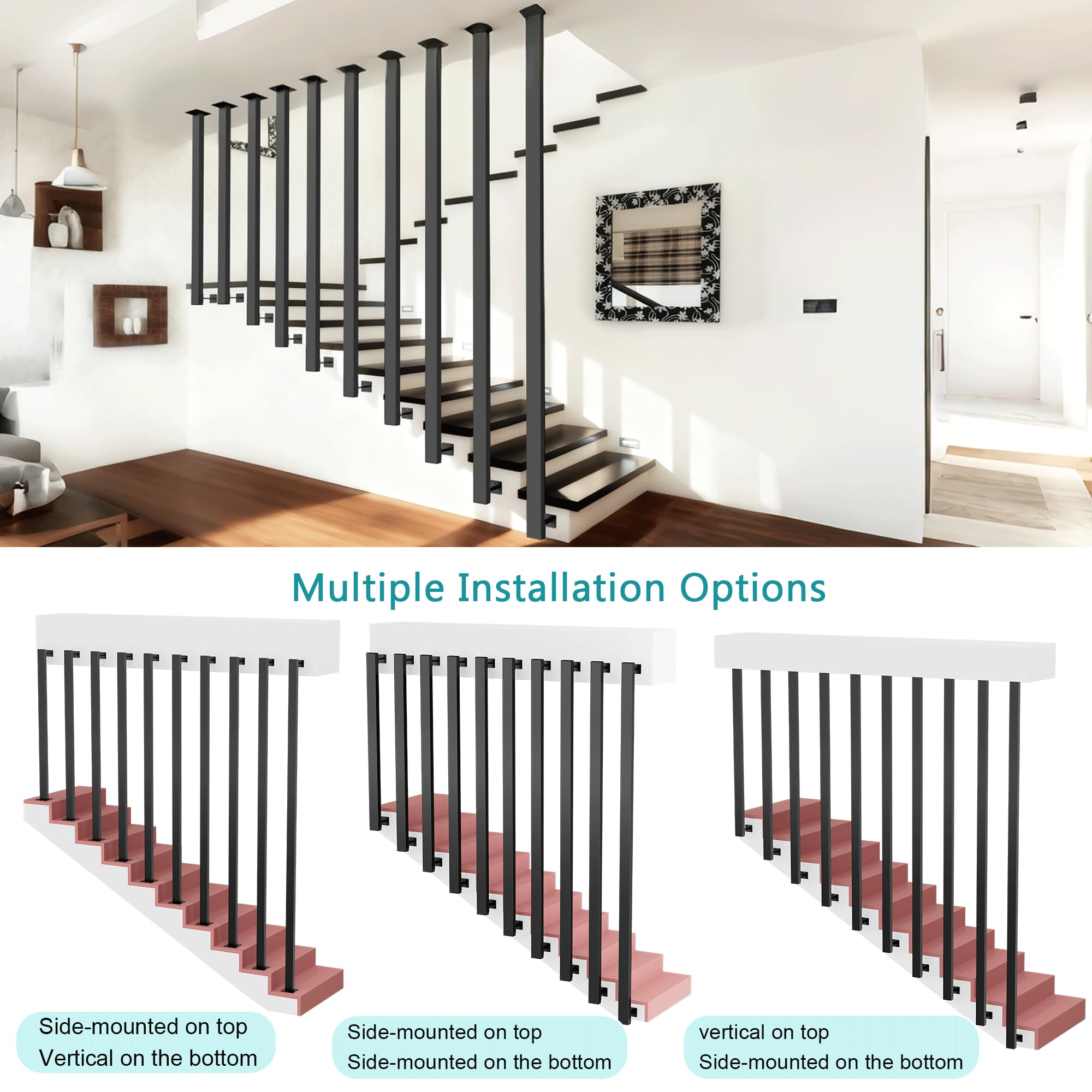 Treppengeländer Innen Außen, Handlauf Geländer Treppe Metall Schwarz, L Form Matt Geländerpfosten, Wandhandlaufe, Handläufe für Treppen Spleißbar, Treppenhandlauf für Dachböden Decke Flure160cm/62.9IN