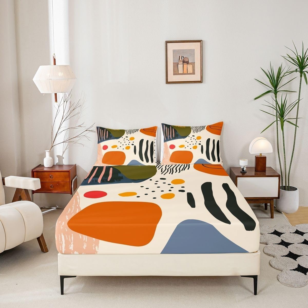 Abstract Super King Fitted Sheet Scandinavian Style Bed Sheets Deep Pocket 12 inch (30 cm) Soft Cozy 3 Piece Microfibre Bed Sheet 180x200 cm with 2 Pillowcases 50x75 cm