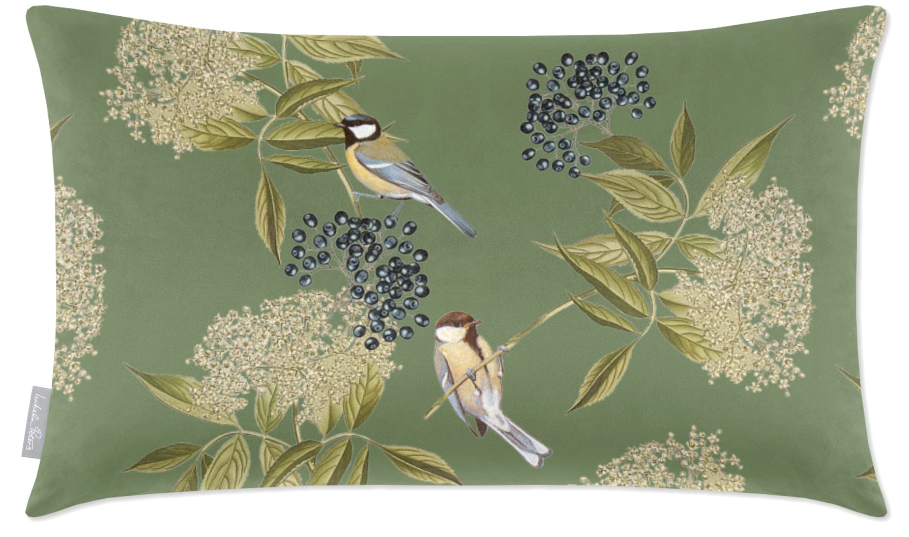 Izabela Peters Bird On Elderflower - Sage Velvet Cushions - Filled, Eco-Friendly, 50 X 30 Cm, Chair & Sofa Seat Cushions