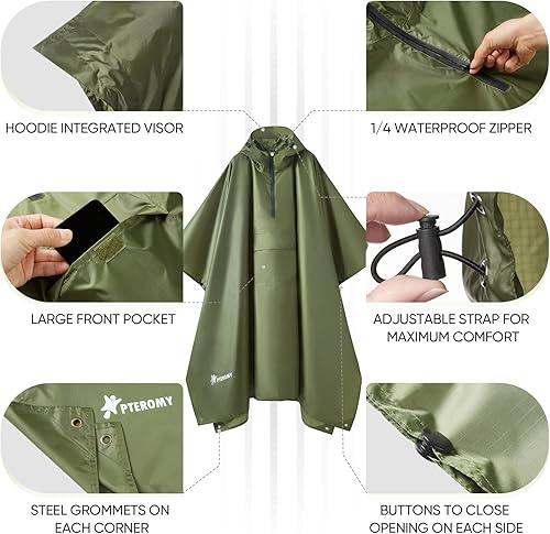 Vista 6 de PTEROMY - Poncho de lluvia con capucha para adultos, con bolsillo, impermeable, ligero, unisex, para senderismo, campamentos, emergencias