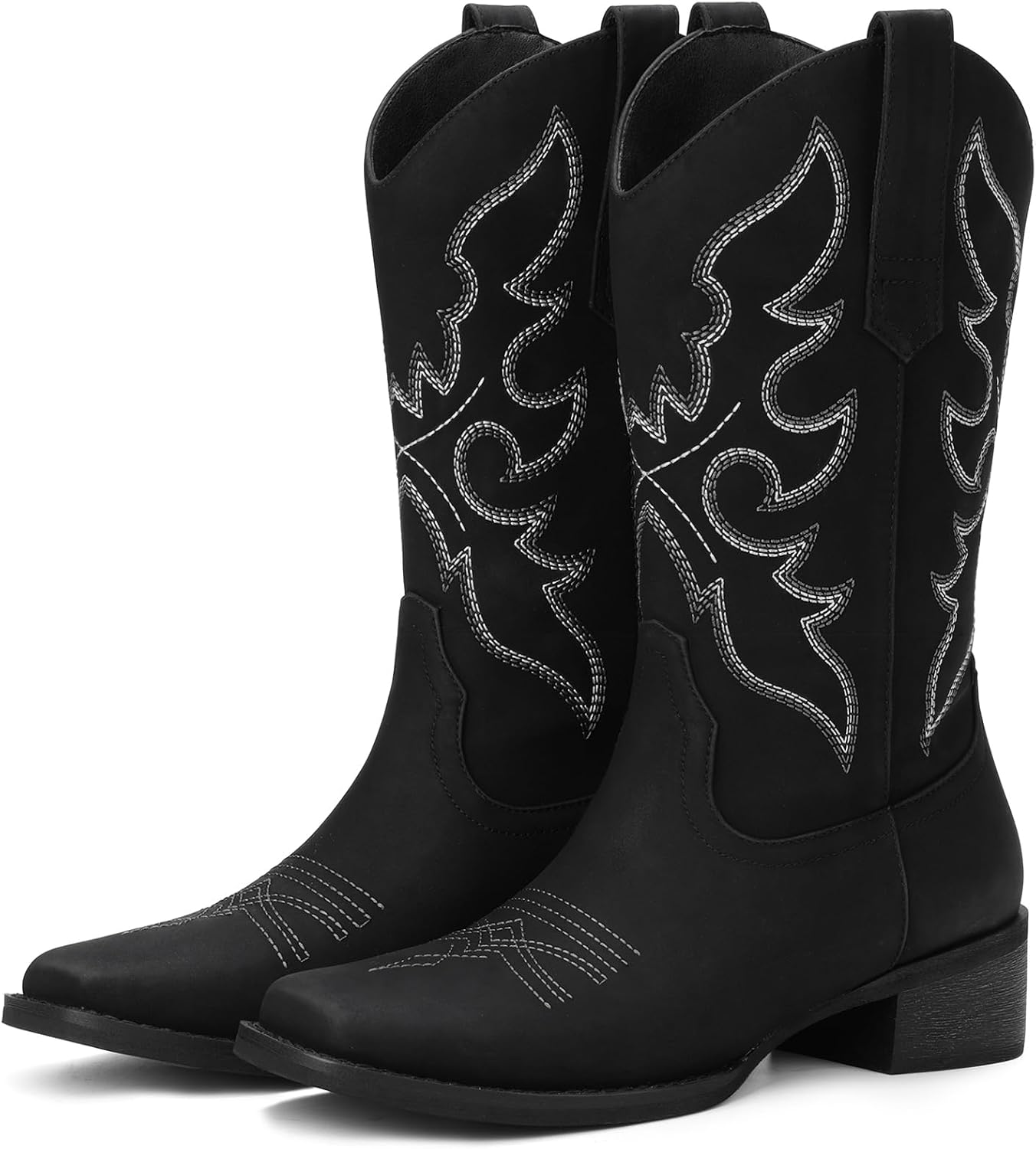 Black Cowboy Boots for Women Square Toe - Mid Calf Western Cowgirl Boots with Embroidery, Pull On Low Chunky Heel Fashion Footwear for Daily Casual Party Country Concert, Size US 5