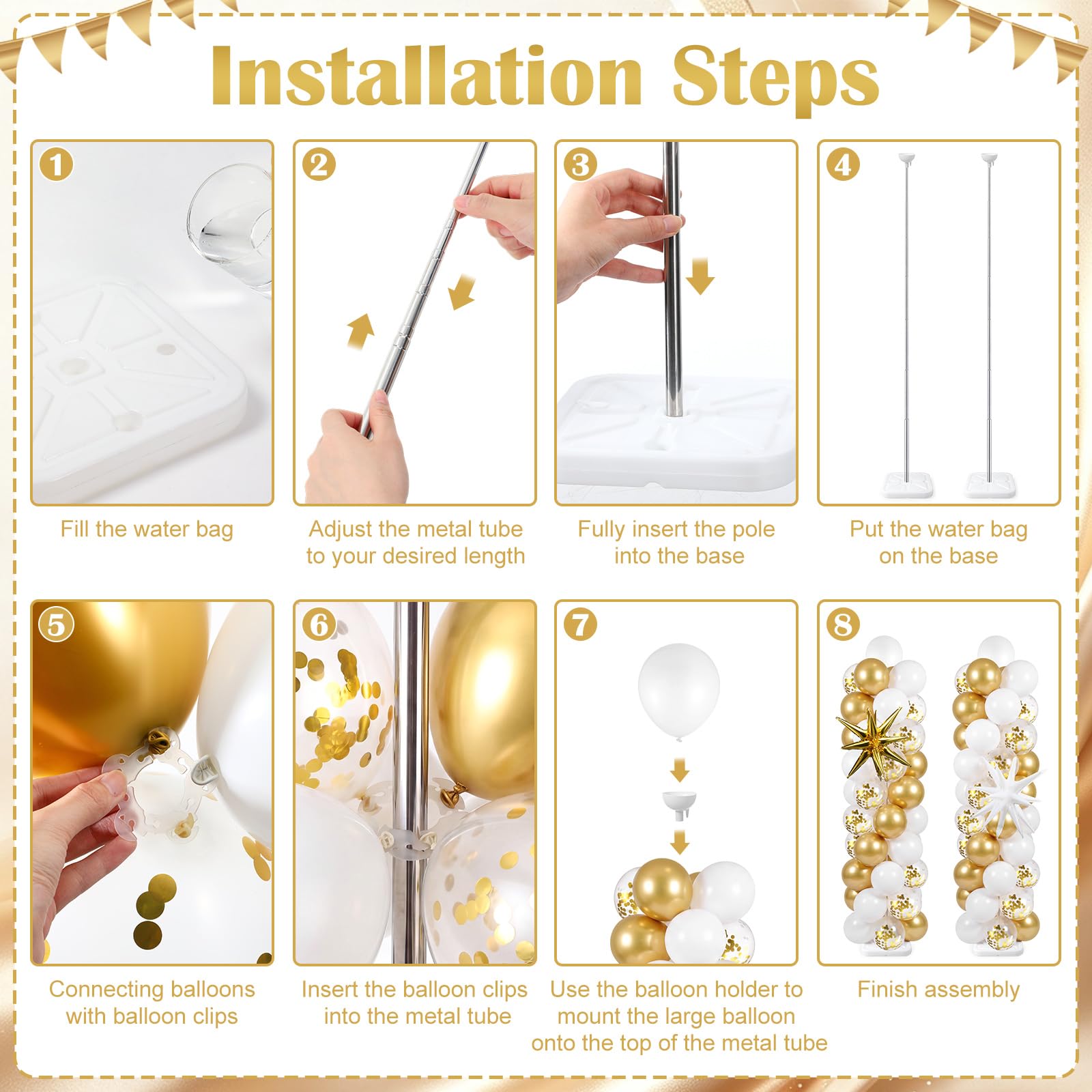 Skylety 2 set di supporti per palloncini bianchi e oro regolabili in oro bianco con basi per compleanni, matrimoni, addio al nubilato, anniversari, feste, baby shower, decorazioni