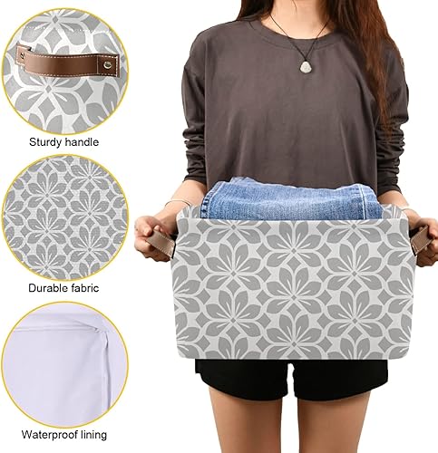 Miniatura 6 de Cesta de almacenamiento de hojas florales de geometría gris y blanca, caja organizadora de almacenamiento de flores grises, canastas grandes