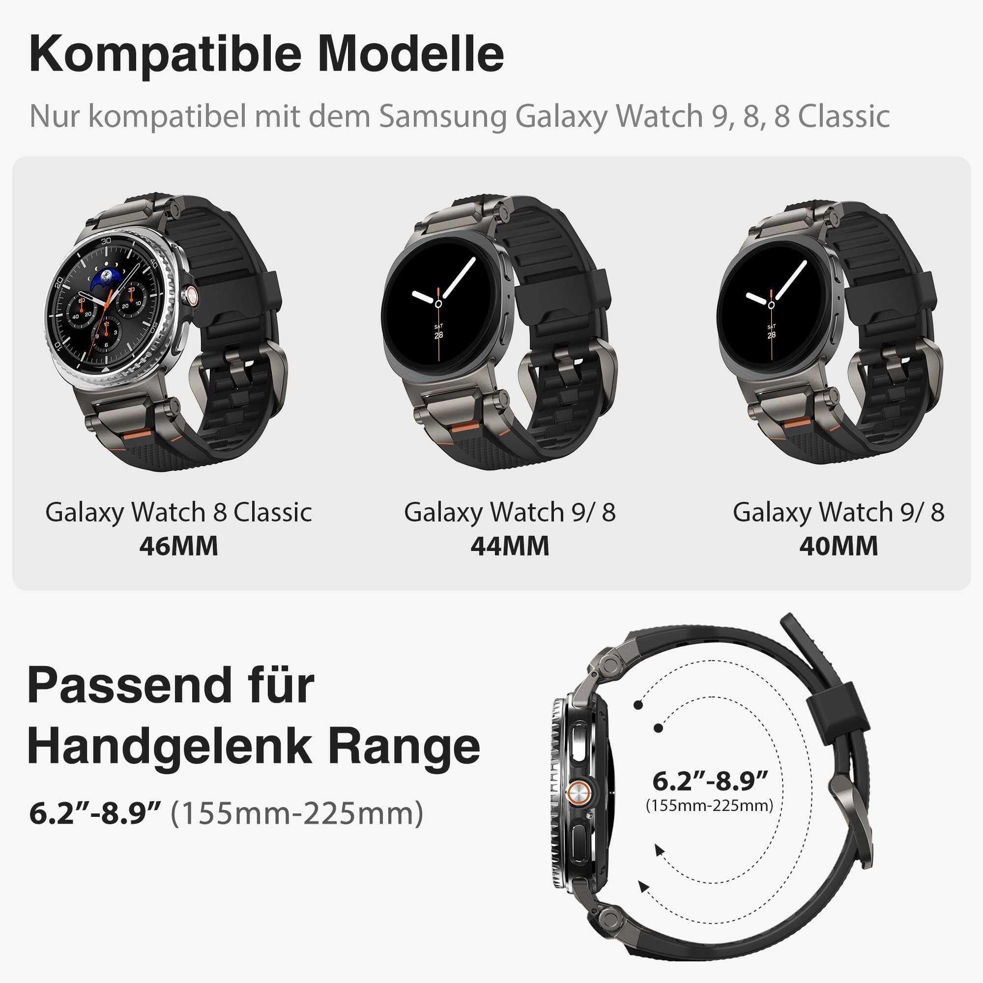 ULTIMAL Pulsera compatible con Samsung Galaxy Watch 9/8 40 mm/44 mm, 8 Classic 46 mm, resistente premium TPU y metal deportivo para hombre (negro + metal Gunmetal)
