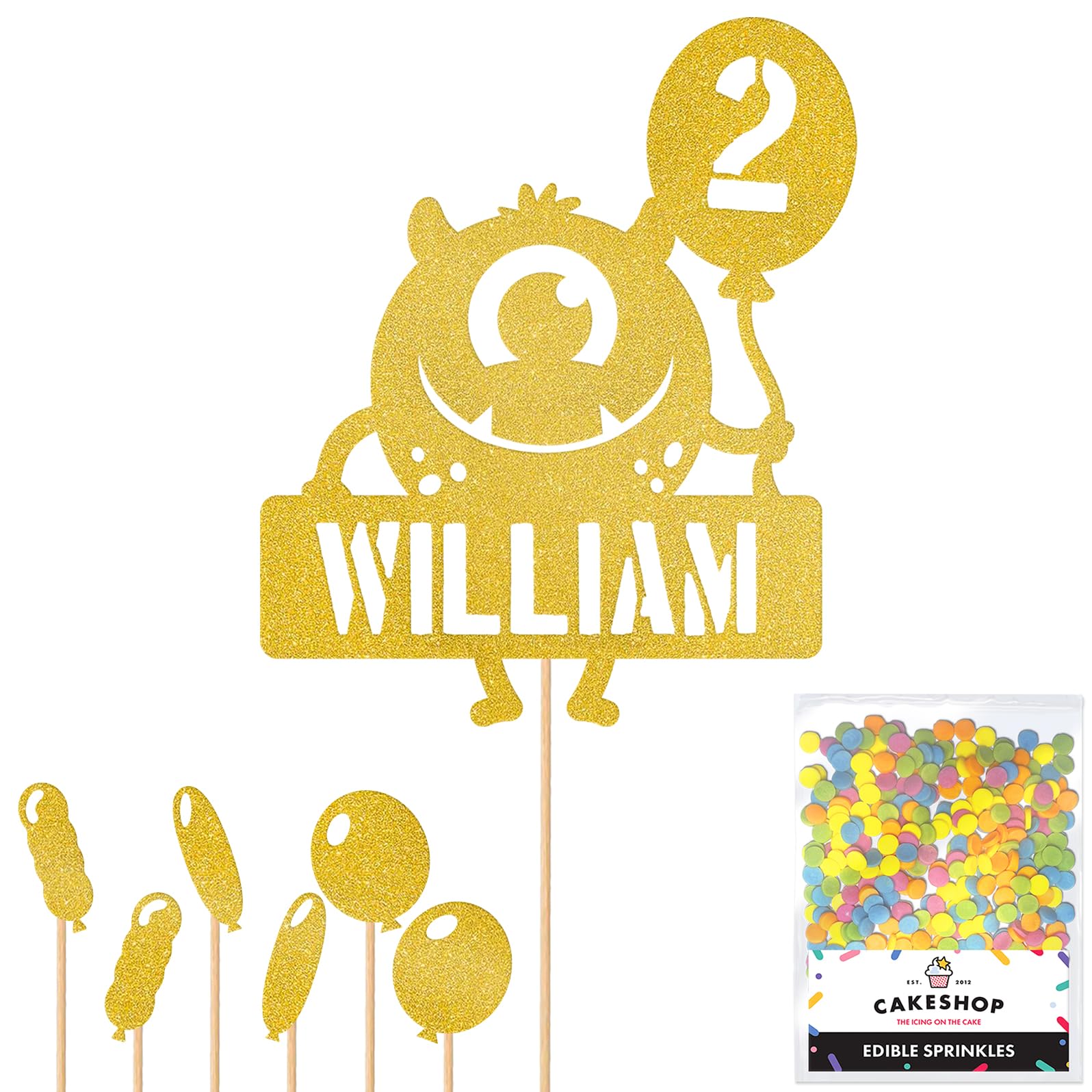 Personalised Birthday Monster Alien Glitter Cake Topper- Gold Any Custom Age & Name Glitter Cake Decoration and Sprinkles - Happy Birthday Decorations - Personalised Toppers for Cakes by Cakeshop — image 1