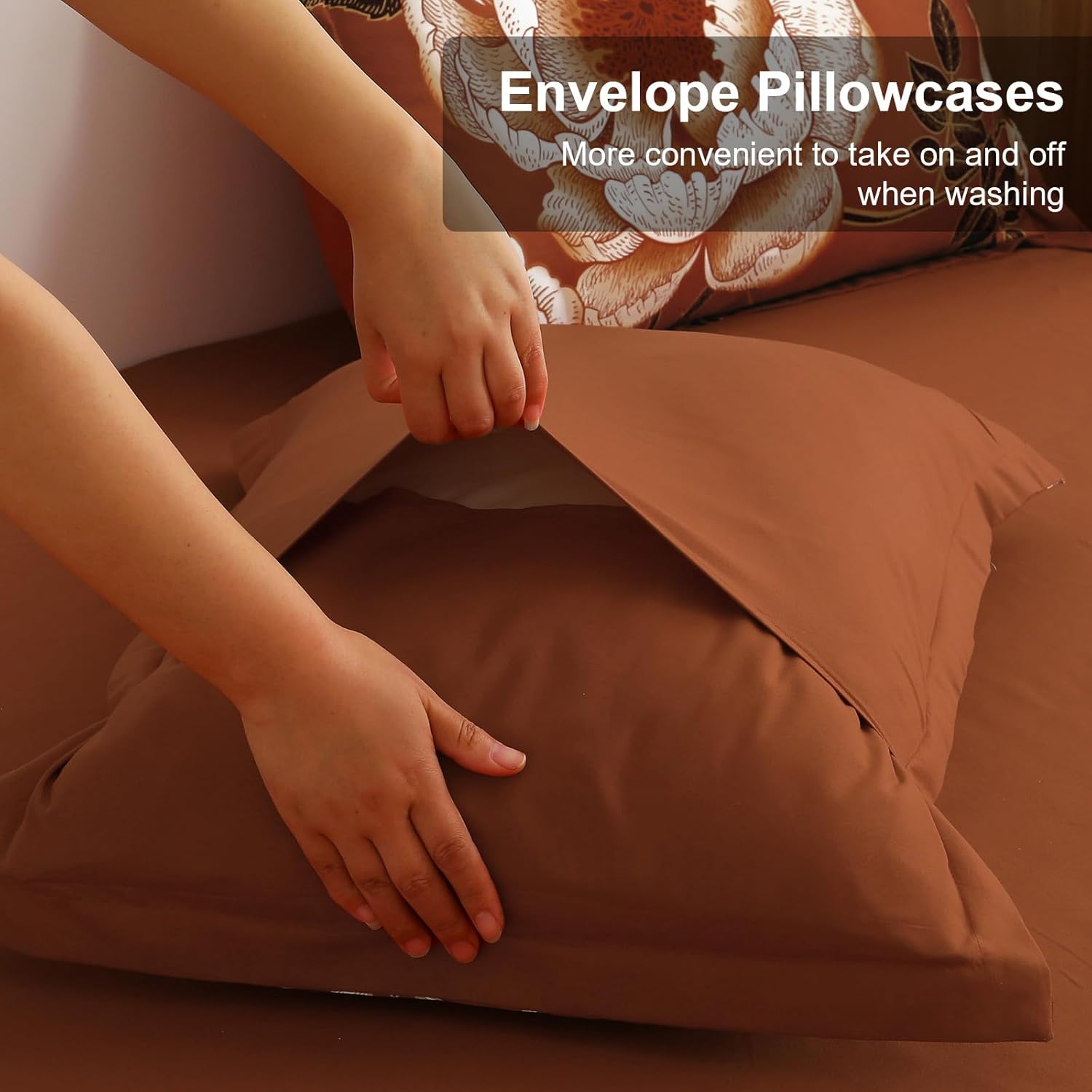 Luxudecor Floral Comforter Set Queen Size 7 Pieces Bed in a Bag,Flower Print on Terracotta Bedding Set,Soft Microfiber Bedding Set for All Season (Terracotta,90"x90") - Image 5