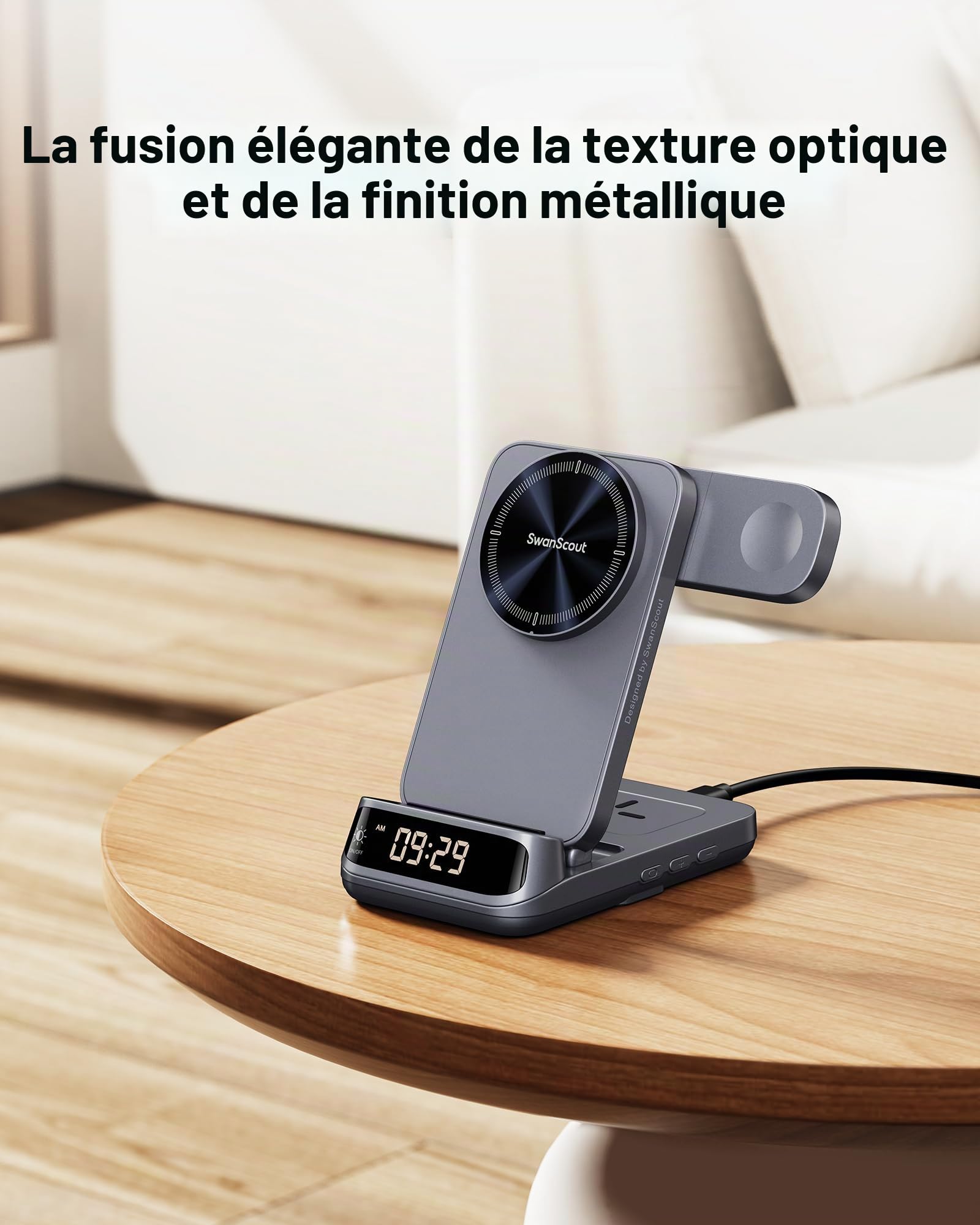 Support de chargeur sans fil 3 en 1 25 W compatible avec MagSafe, station de charge magnétique de voyage pliable avec horloge pour iPhone 17/16/15, Apple Watch, Air Pods, SwanScout 708M-25W