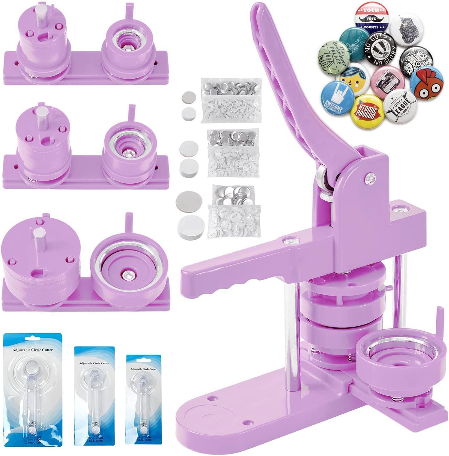 Pin Maker, Button Maker Machine, Pin Maker Machine Kit Includes 300Pcs Pins 25/32/58mm (1/1.25/2.25 inch), 3 Circle Paper Cutters, DIY Button Pin Maker, Button Badge Press Machine(Light Purple)