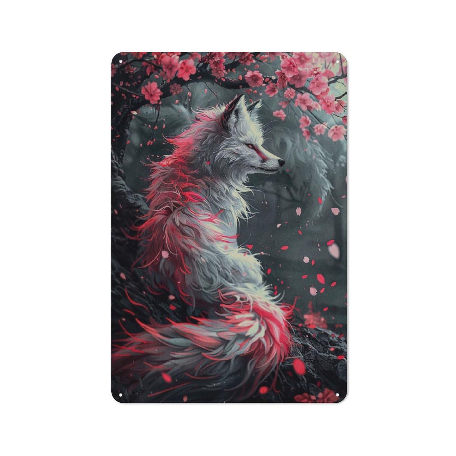 Junmoney Style Tin Wall Plaque 30X20cm With Cherry Blossom Wolf For Workshop Wall, With Clear Retro Wall Decor Character