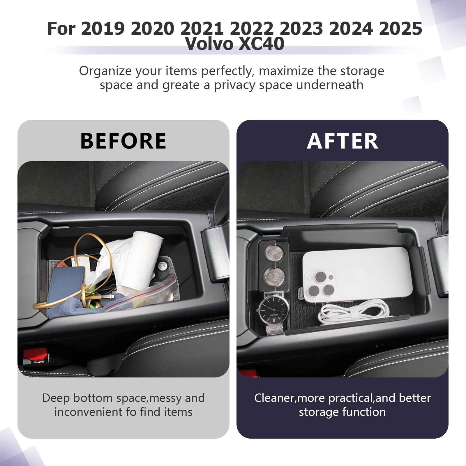 LUWU Kompatybilny z Volvo XC40 C40 2018-2023 2024 2025 konsola środkowa, pudełko do przechowywania, Volvo C40, schowek na rękawiczki, organizer z antypoślizgową matą, akcesoria do wnętrz
