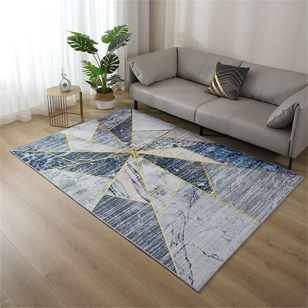 Tapis de chambre 200X300cm anti-bruit et doux au graphisme moderne gris bleu or