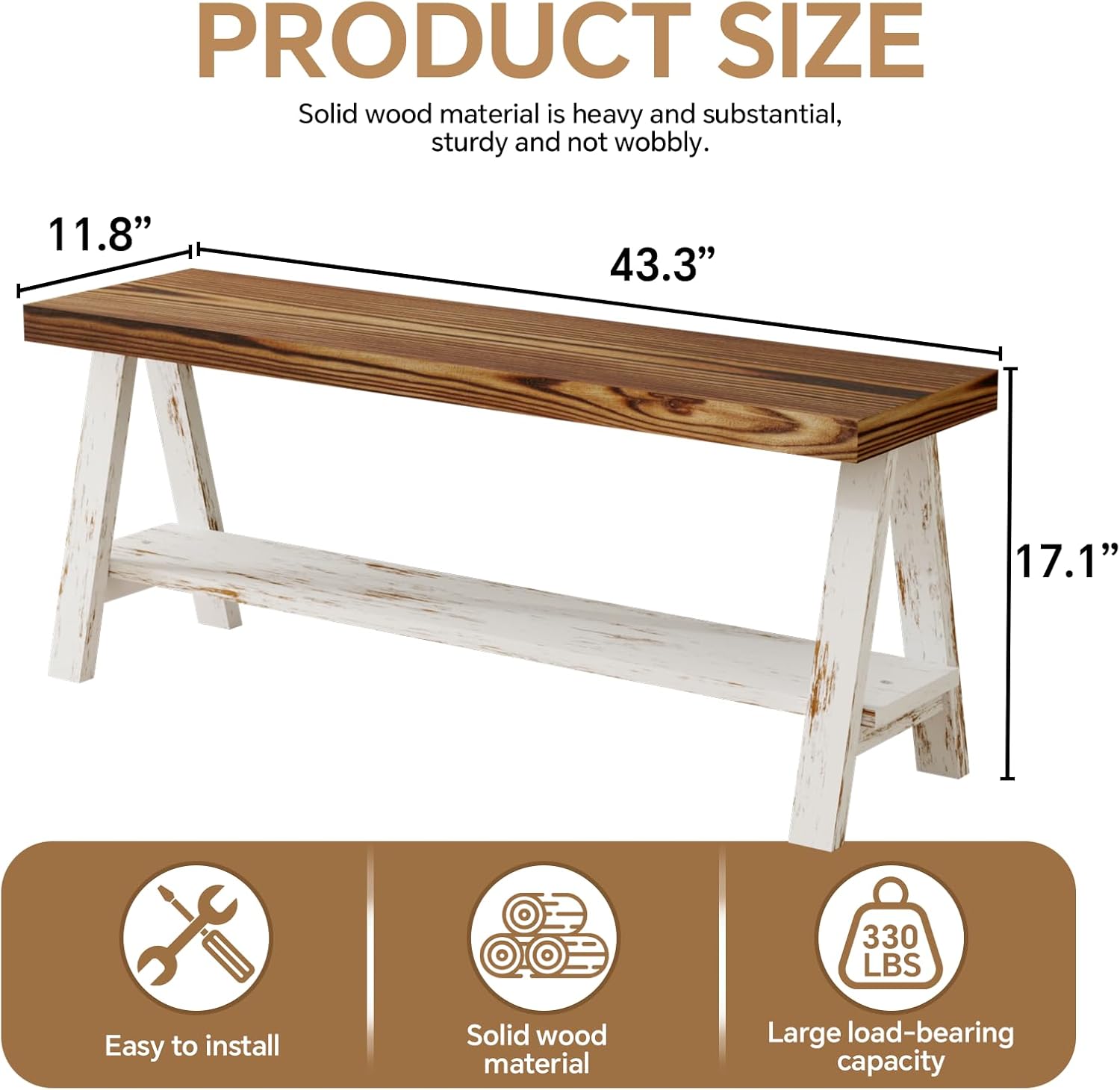 43.3" farmhouse bench, end of bed bench,solid wood entryway bench, indoor bench, rustic wood bench seat for indoor,entryway, dining room, living room, hallway, end bed and front door 43.3" white