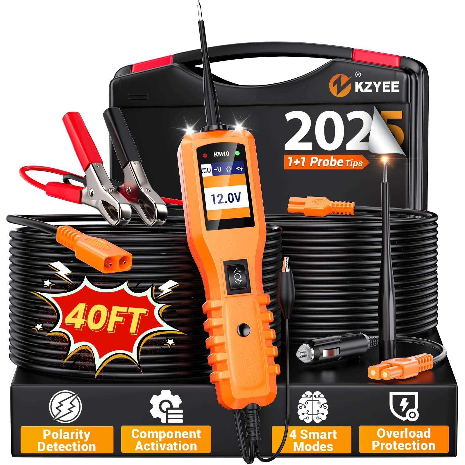 KZYEEKM10 Power Circuit Probe Kit, 12V 24V Automotive Circuit Tester, Digital Multimeter, Short Finder, AC/DC Voltage Tester, Diode & Resistance, Current Probe Component Activation, 20FT+20FT Cable