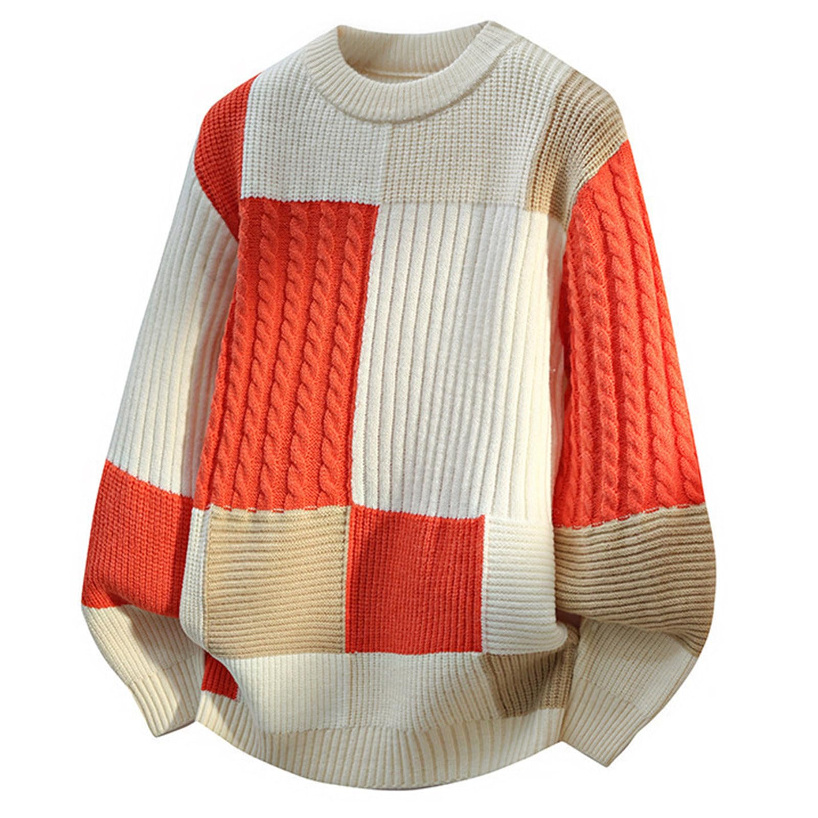 Jersey de punto para hombre, con bloqueo de color, cuello redondo, suave, ligero, cómodo, transpirable, cálido, manga larga, suéter informal de invierno
