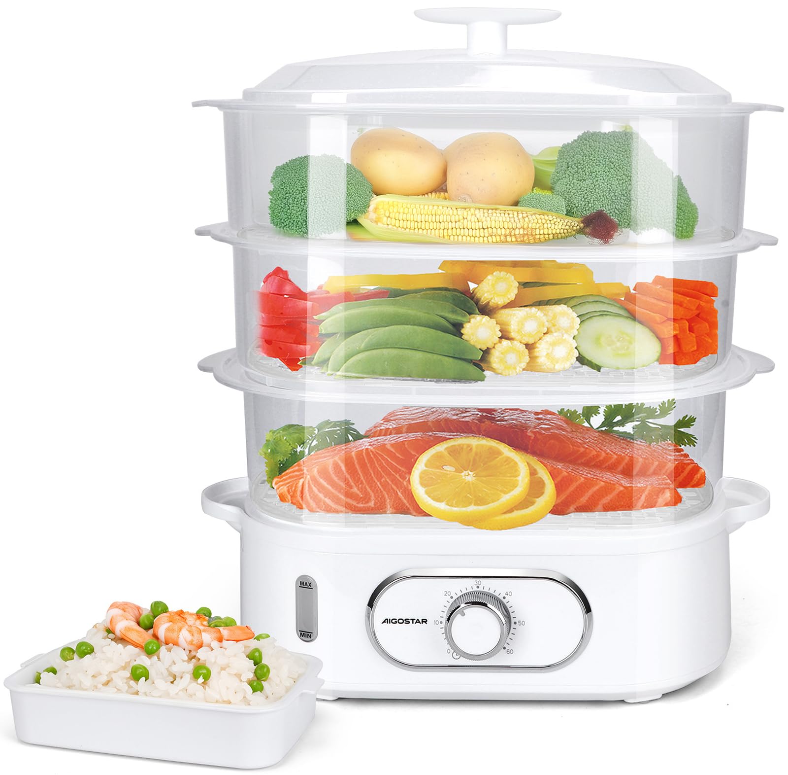 Aigostar Elektrischer Dampfgarer 12L mit Timer, Dampfgarer mit 3 stapelbaren Behältern, Reiskocher & Eierhalter, 60-Minuten-Timer, spülmaschinengeeignet 900 W weiß (Modell: Fitfoodiepro)