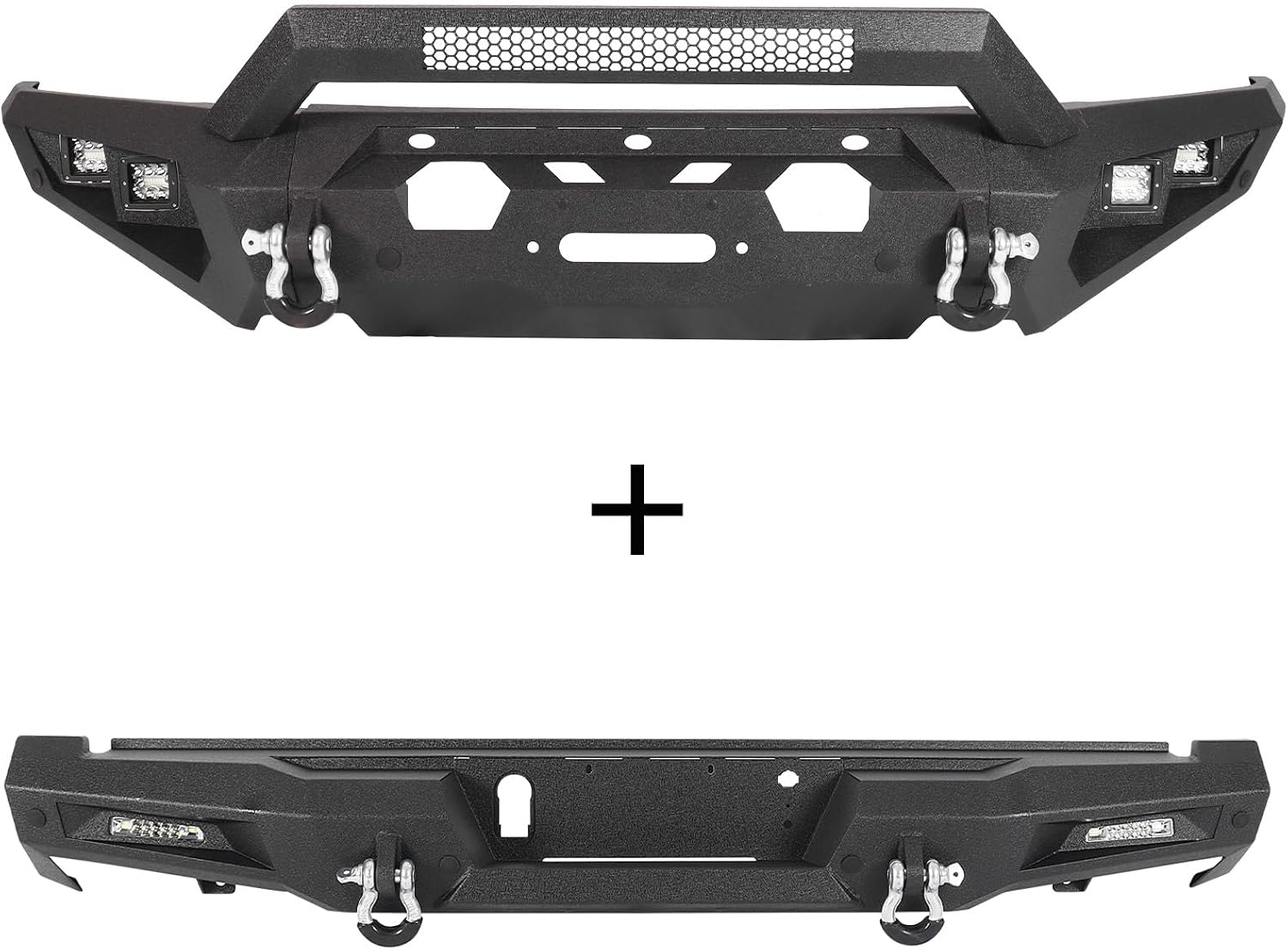 Front Bumper and Rear Bumpers Compatible with 2015 2016 2017 Ford F150 F-150 (Excluding Raptor and Ecoboost),Full Width Offroad Rock Crawler Bumper w/Winch Plate & 4 X 48W LED Lights& 2 X D-Rings