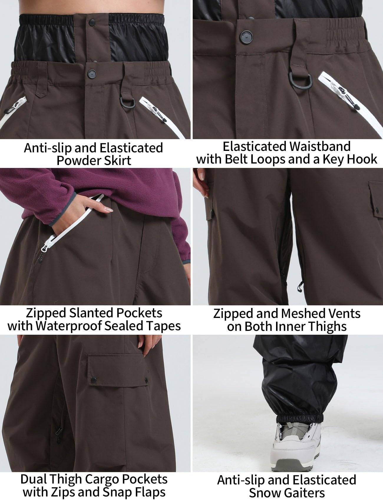 GSOU SNOW Hombres Mujeres Pantalones de Esquí Holgados Pantalones de Snowboard Baggy Pantalones de Nieve Oversize - Multibolsillos Impermeable Antiviento Transpirable Cálido