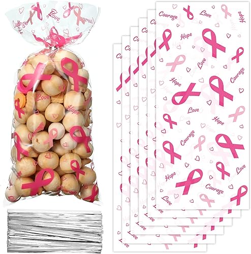 100 bolsas de celofán para concientización sobre el cáncer de mama, accesorios de regalo de cinta rosa, a granel, color rosa, esperanza, coraje,