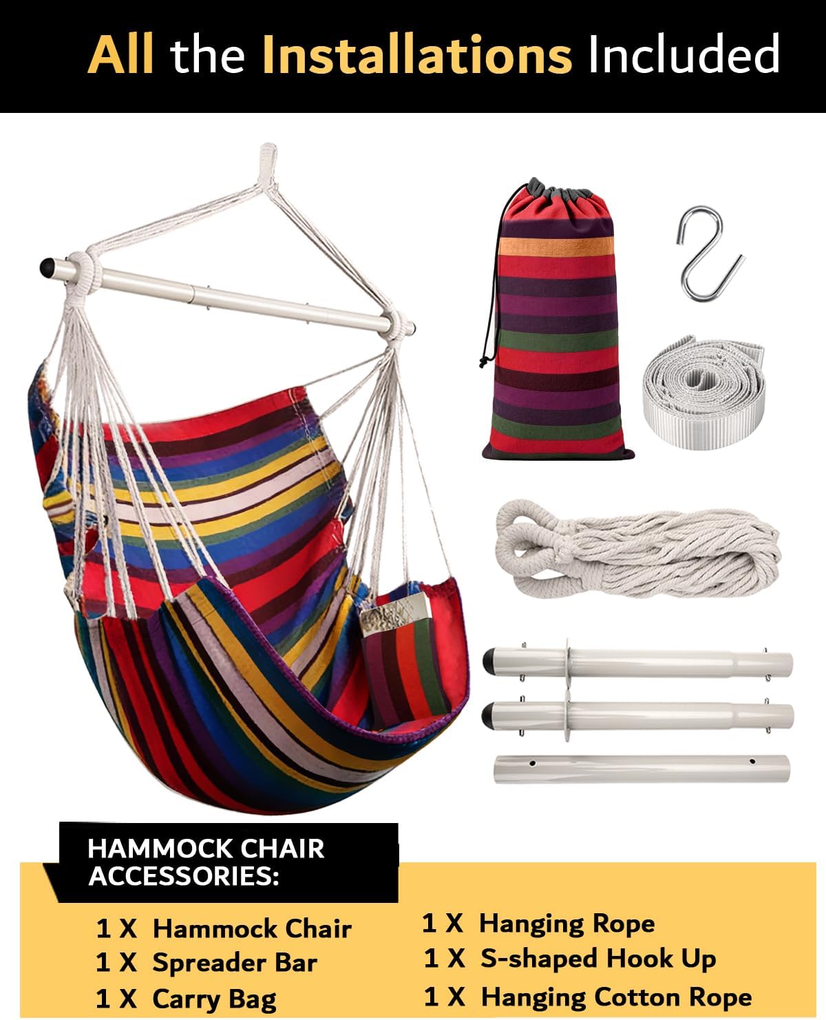 Lulladle Hammock Chair Hanging Rope Swing for Bedrooms - Indoor and Outdoor Swing Chair - Max Weight 500 Lbs - Rainbow