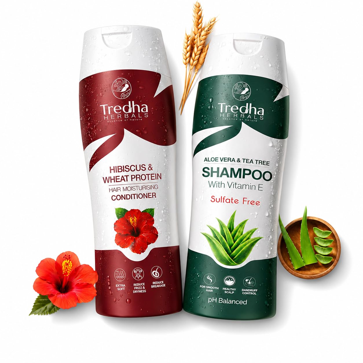 tredha aloe vera & tea tree shampoo with vitamin e (100ml) + hibiscus conditioner (100ml) | anti-dandruff & frizz control | smooth, silky & hydrated hair | herbal moisturizing care combo