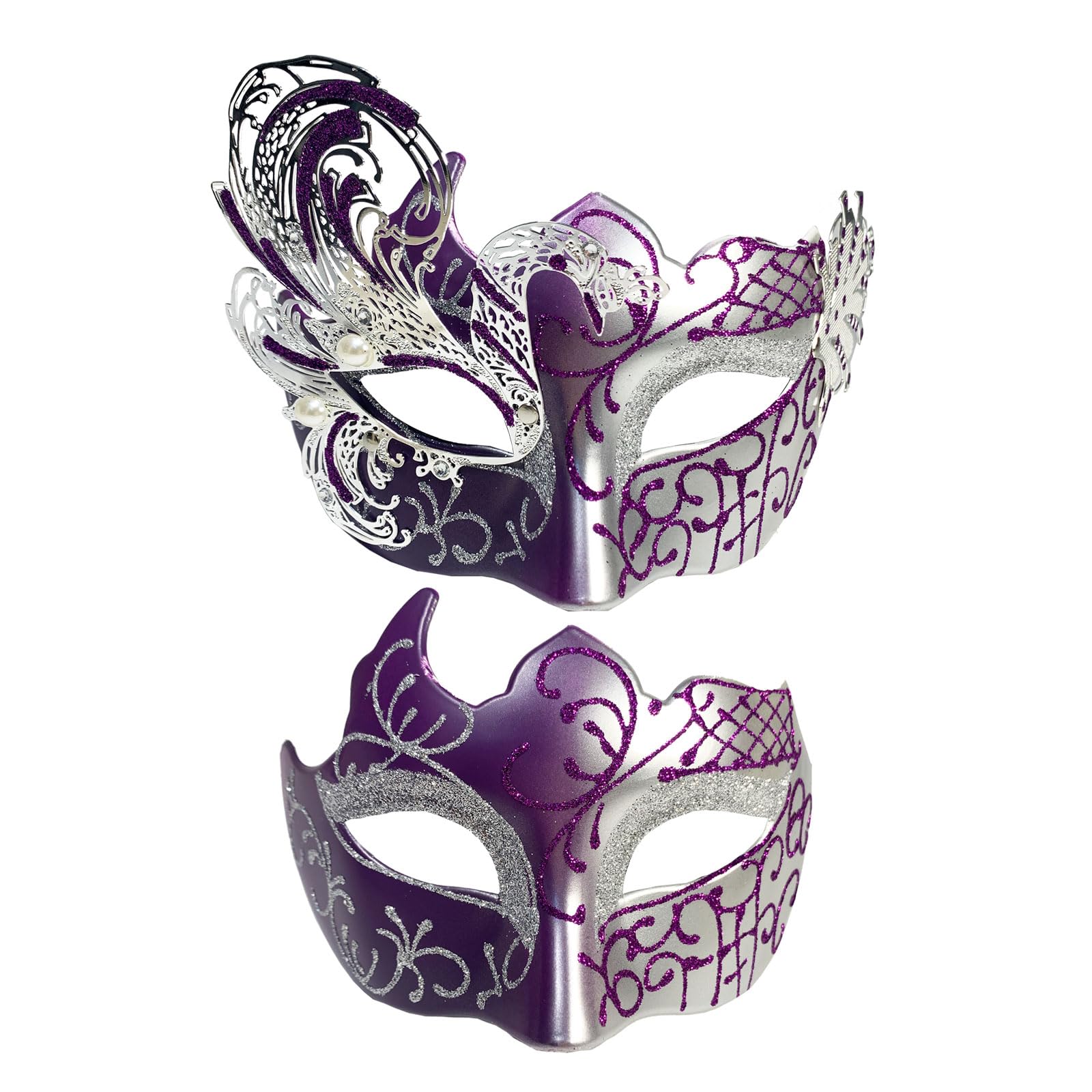 Yimianshou Masquerade Couples Set - Mardi Gras Mask for Woman and Men, Venetian Masquerade Ball (Pearl Set-Purple)