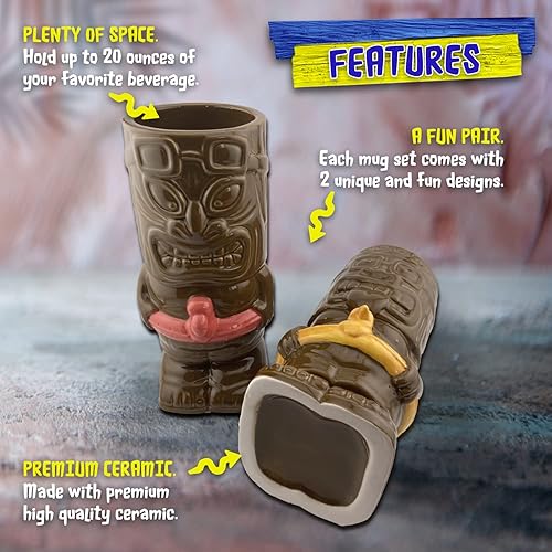 Miniatura 2 de Tiki - Juego de tazas de cerámica para fiesta en la piscina, juego de 2 tazas coleccionables de Tiki Funky - Tazas de café, vasos tropicales para la