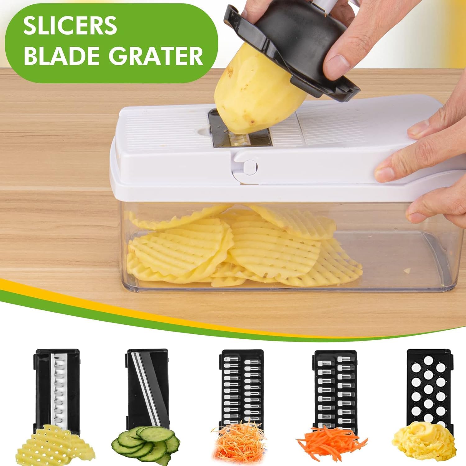 Mandolina per Verdure Professionale,Multifunzione Tritatutto Affettatrice Manuale,Taglia Verdure Cucina in Acciaio Inox per Patate,Carote,Cipolle(Bianco)