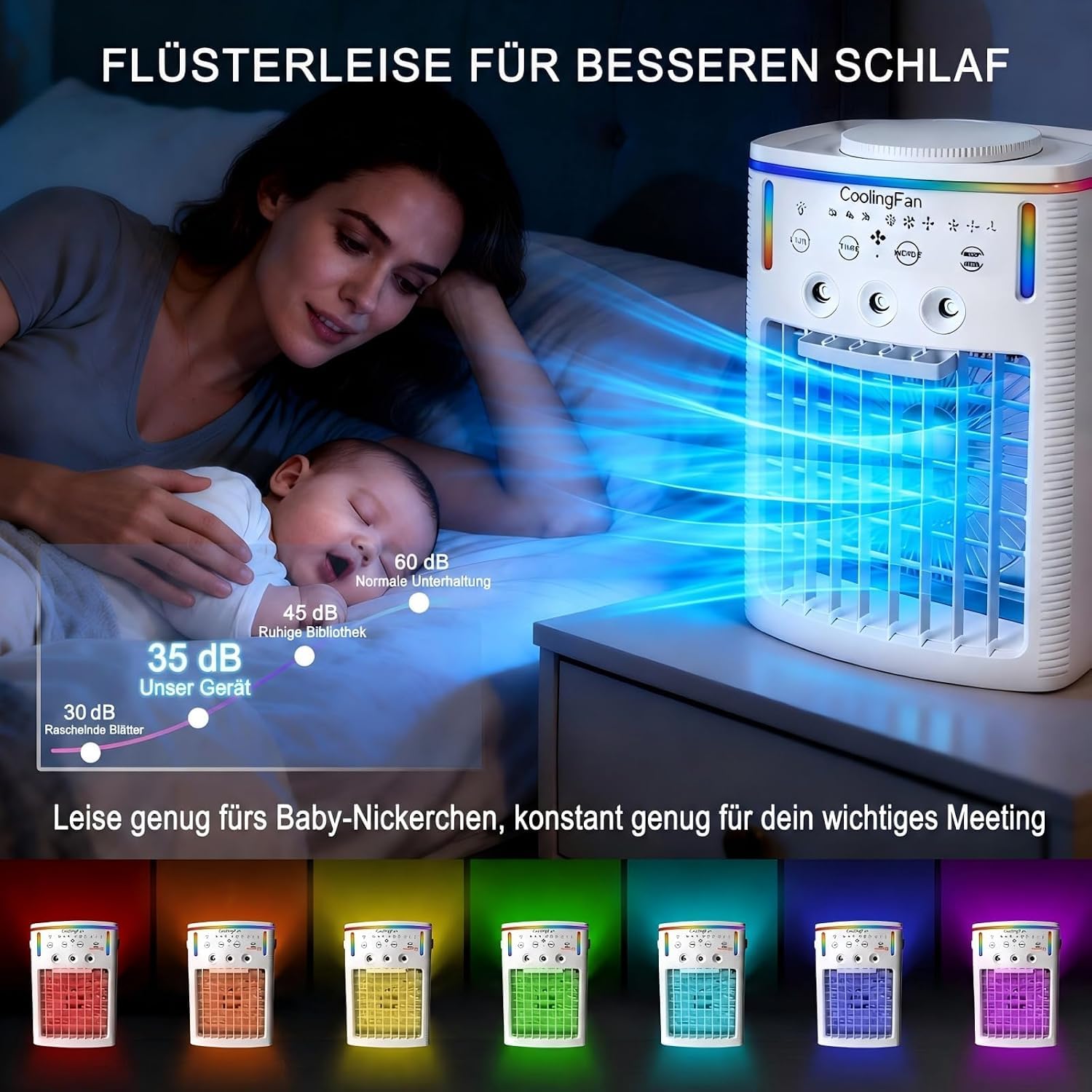 2026 Neuer 1500ML tragbarer Luftkühler, mobile Klimaanlage für Auto & Schlafzimmer, 3 Modi & 3 Geschwindigkeiten, 7-farbiges LED-Licht & für Büro, Camping & Reisen(1PCS)