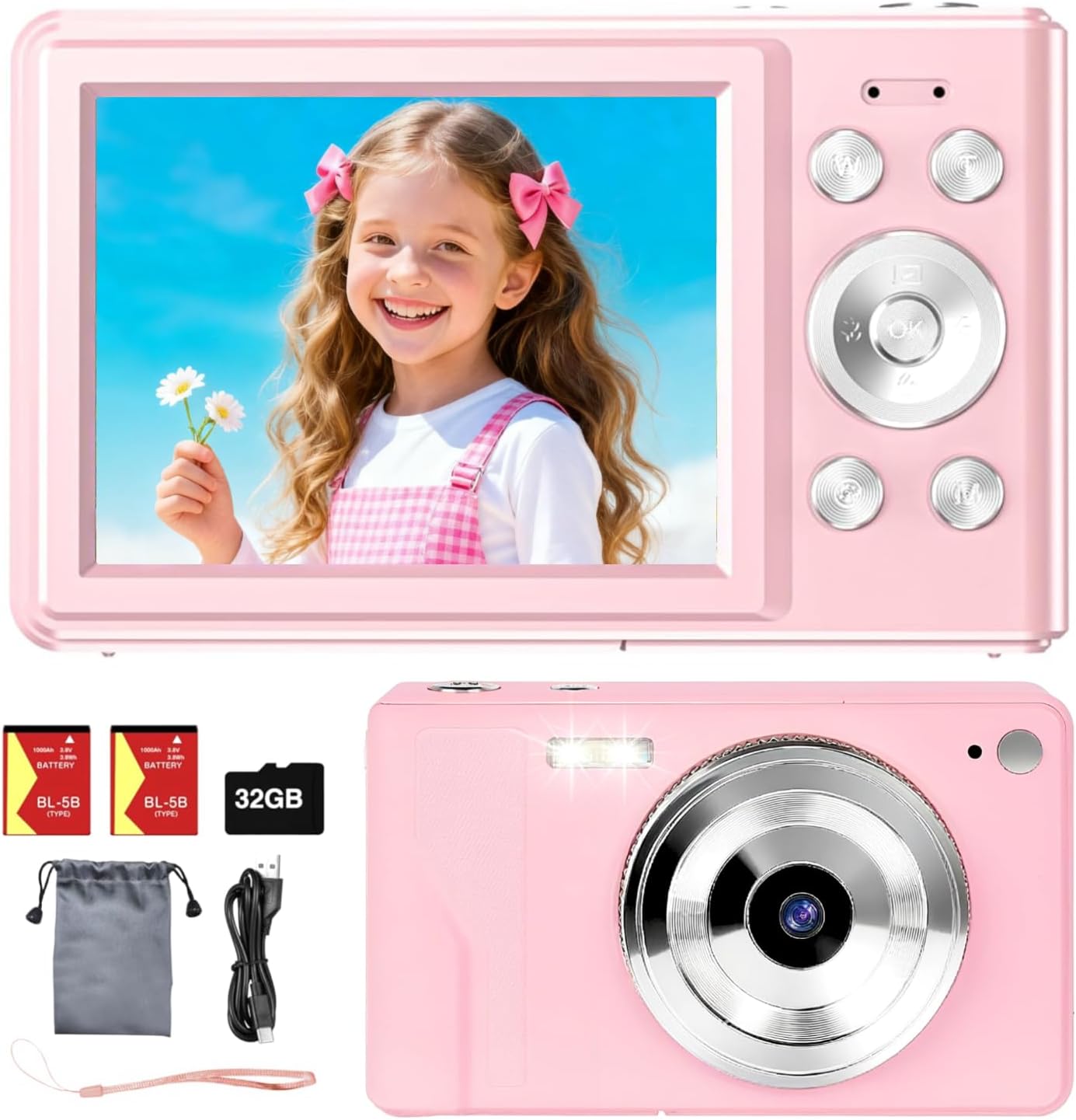 Digital Camera for Kids, Teens & Beginners - 56MP 1080P FHD, 16X Digital Zoom, 2.8" LCD, 32GB TF Card & 2 Batteries, Compact Point-and-Shoot, Portable Starter Camera - Pink