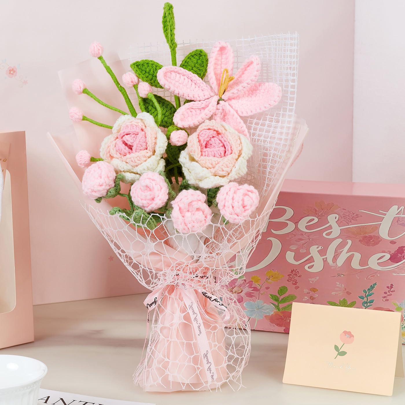 ZHIYUXI Pink Crochet Flower Bouquet Handmade Yarn Roses Eternal Knitted Flowers Bouquet for Wedding Anniversary Birthday Pink Gifts for Women