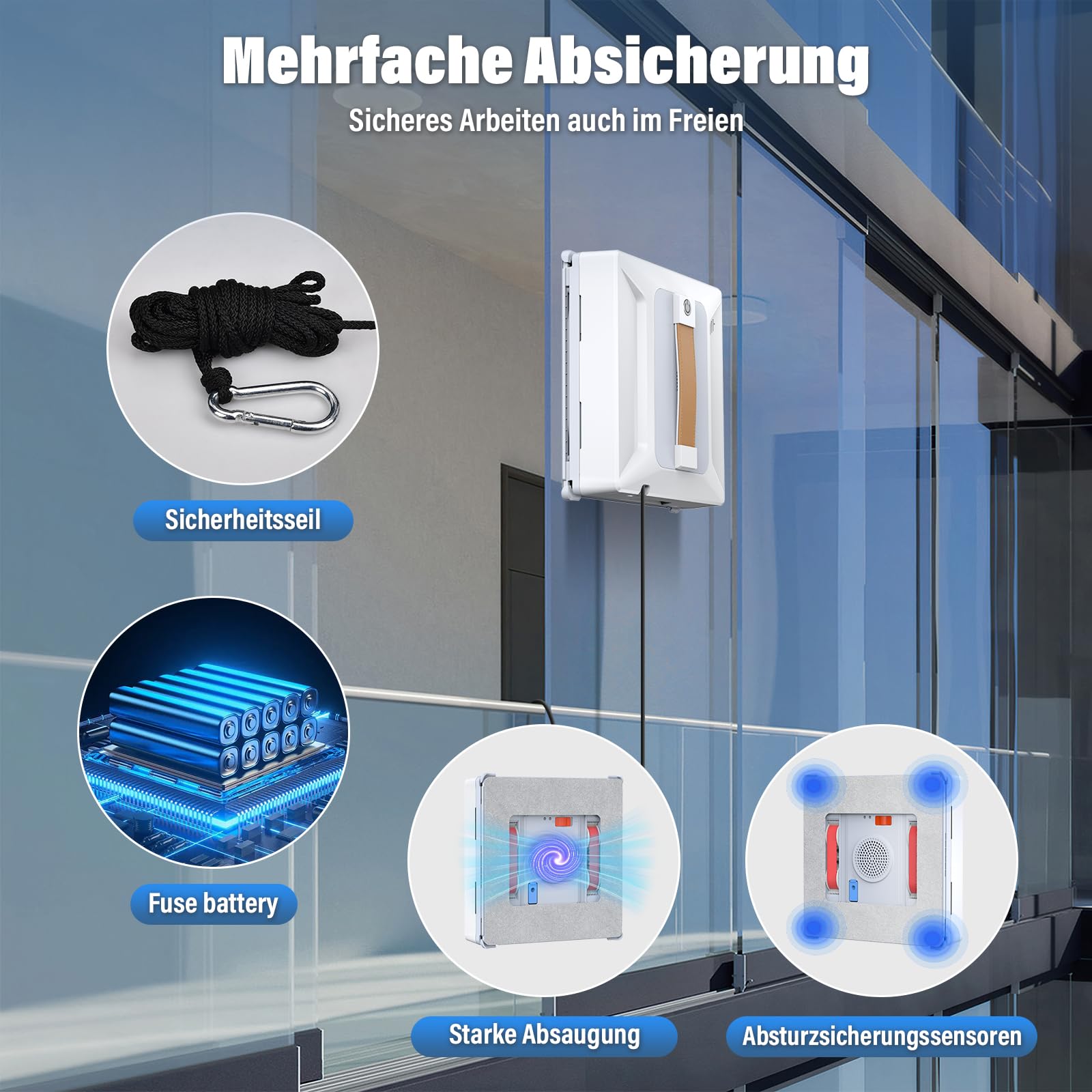 Ehomfory Fensterputzroboter mit Fernbedienung, 6000PA Starke Saugkraft, Automatischem Wasserstrahl mit 100ML Tank, Intelligente Routenplanung, Kantenerkennung, Geeignet für alle Glatten Oberflächen