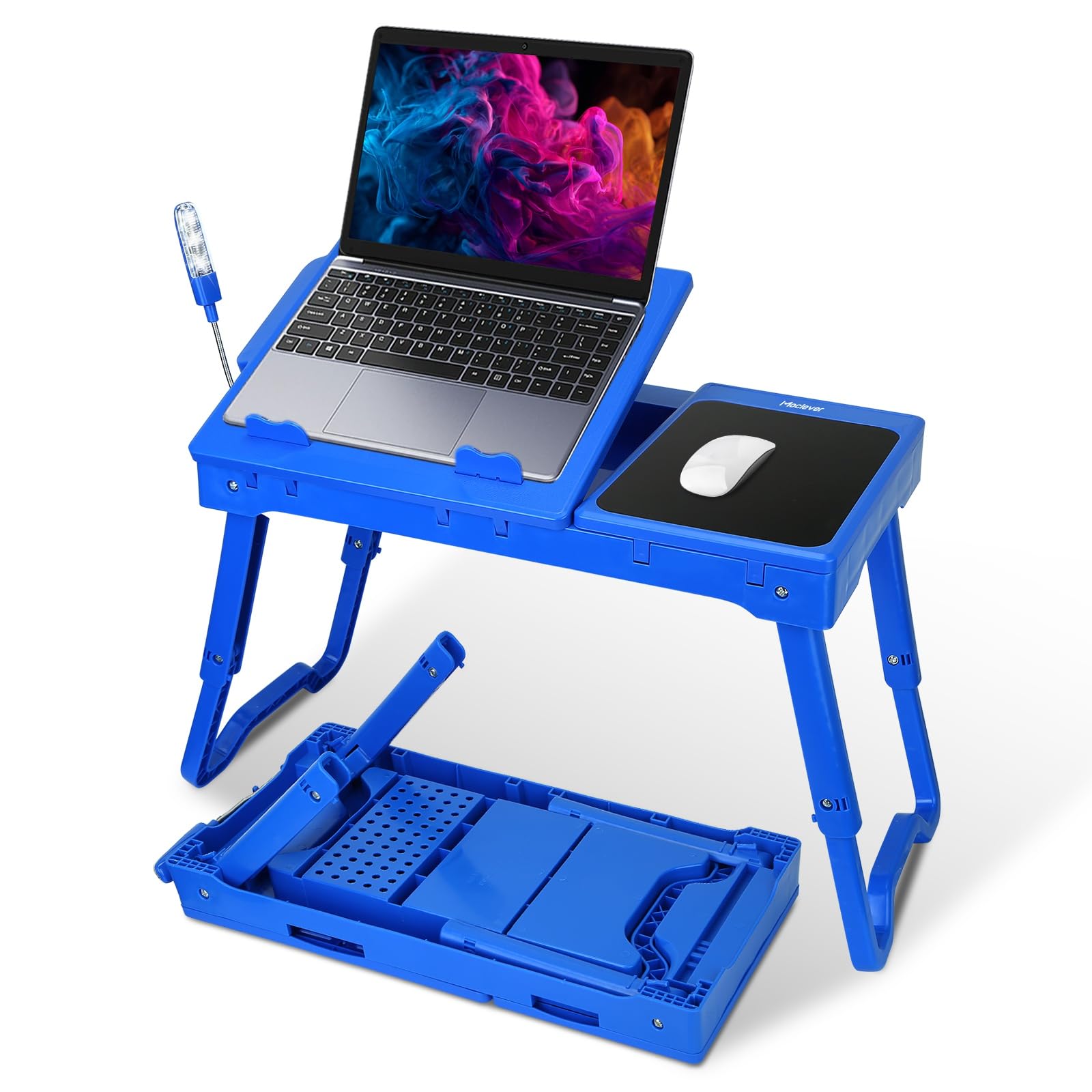 Folding Laptop Lap Desk, Height & Angle Adjustable Lap Table, Laptop Stand with 4 x USB Ports/Cooling Fan/LED Light/Mouse Pad/Storage Slot, Breakfast Tray Reading Desk for Sofa Couch Bed Floor