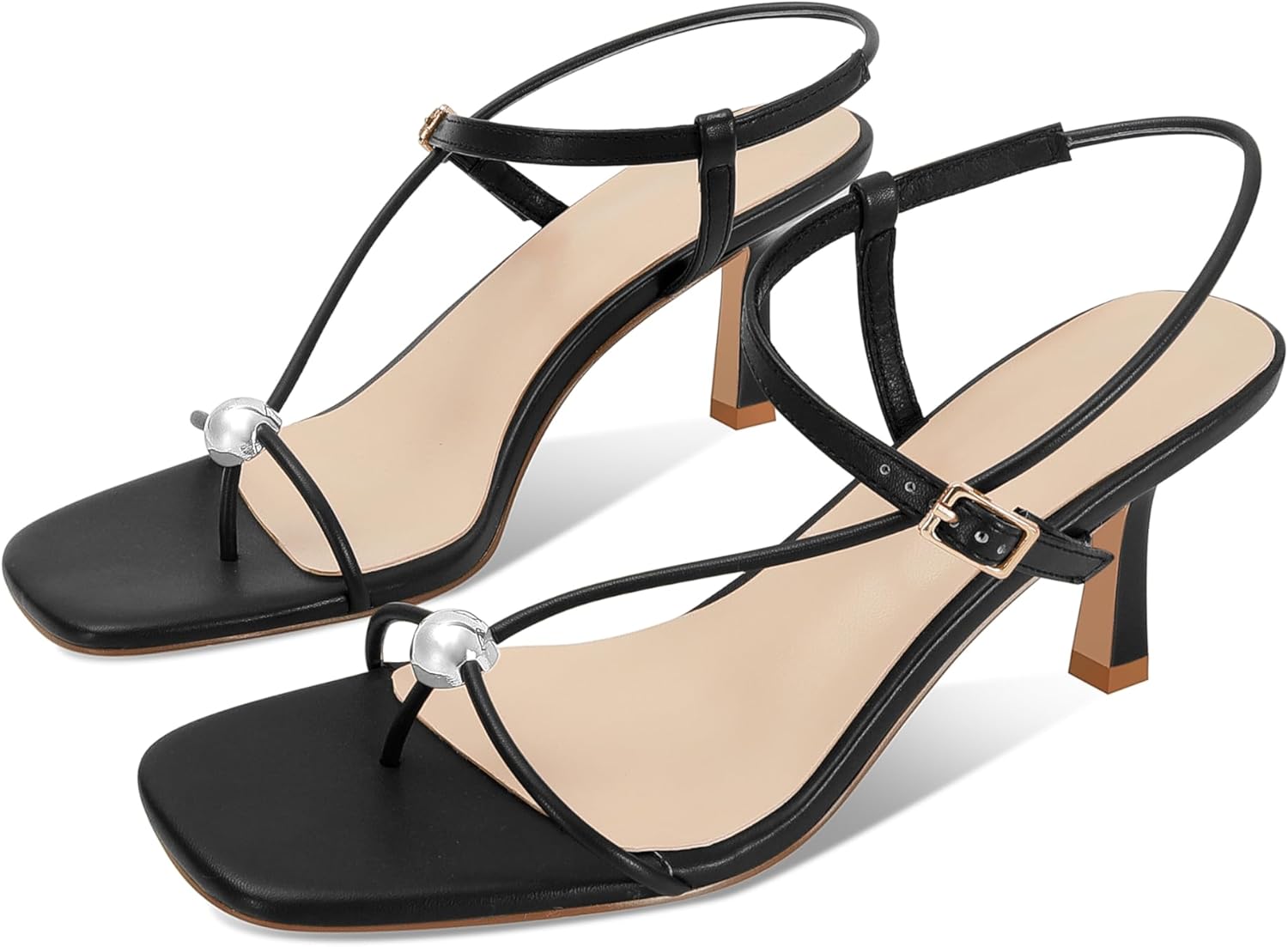 Black Strappy Heels for Women Open Square Toe Slingback Kitten Heeled Sandals Dressy Beach Thong Flip Flop Slides Sandals - Image 6