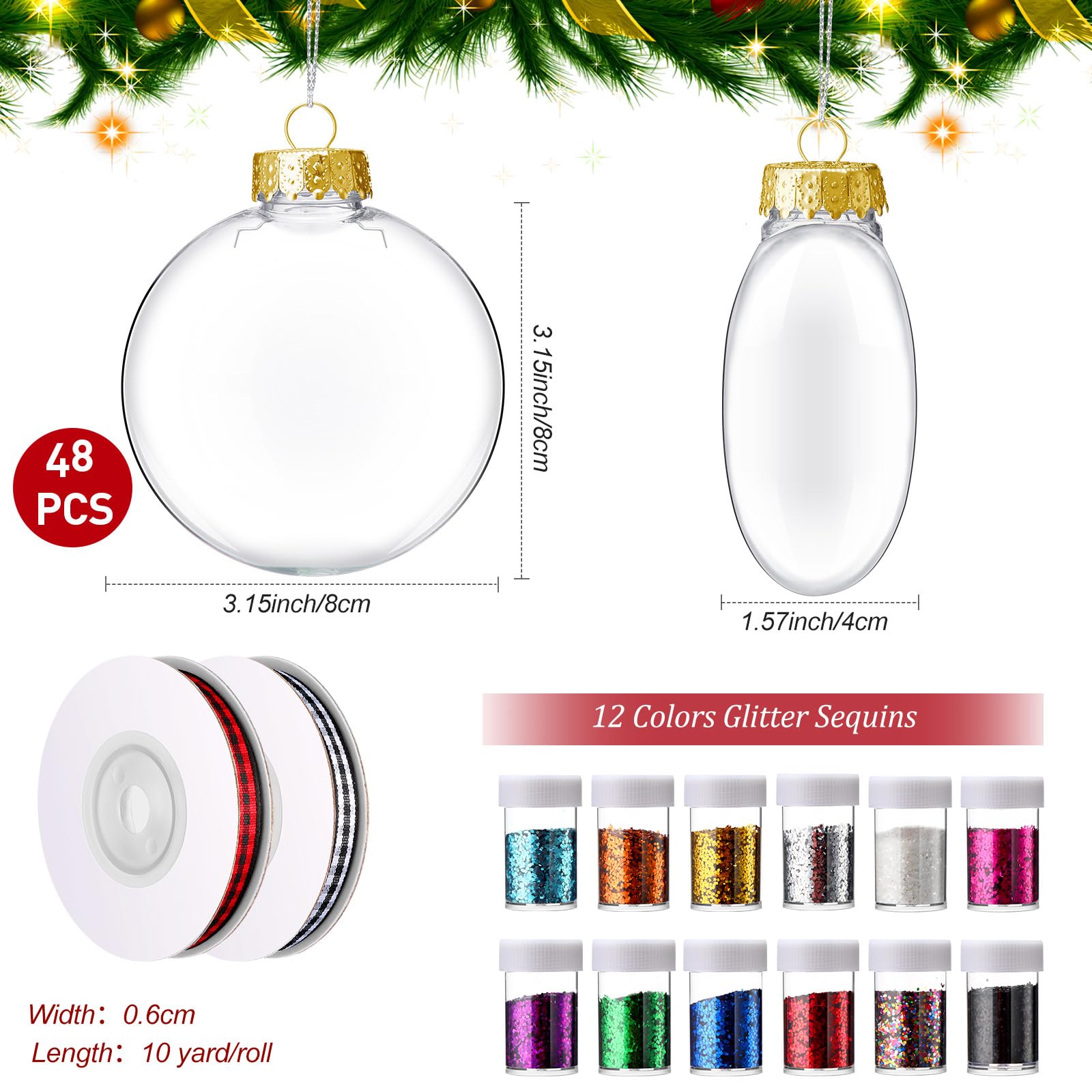 Hiboom Lot de 48 boules de Noël en plastique transparent à remplir avec paillettes de 12 couleurs et ruban de Noël de 20 m pour loisirs créatifs, décoration à suspendre (doré)