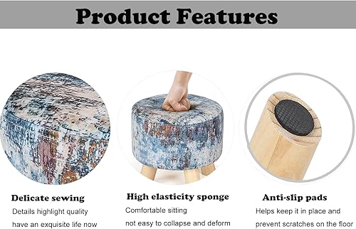 Miniatura 3 de Homebeez Taburete redondo otomano de terciopelo para reposapiés, banco pequeño para zapatos con patas de madera antideslizantes (lienzo colorido)