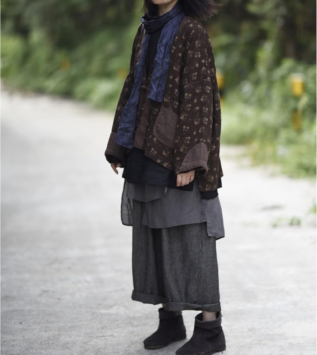 NFYM Women Wide Leg Pants Linen Irregular Patch Layered Elastc Waist Loose Vintage Patchwork Retro Cropped Trousers