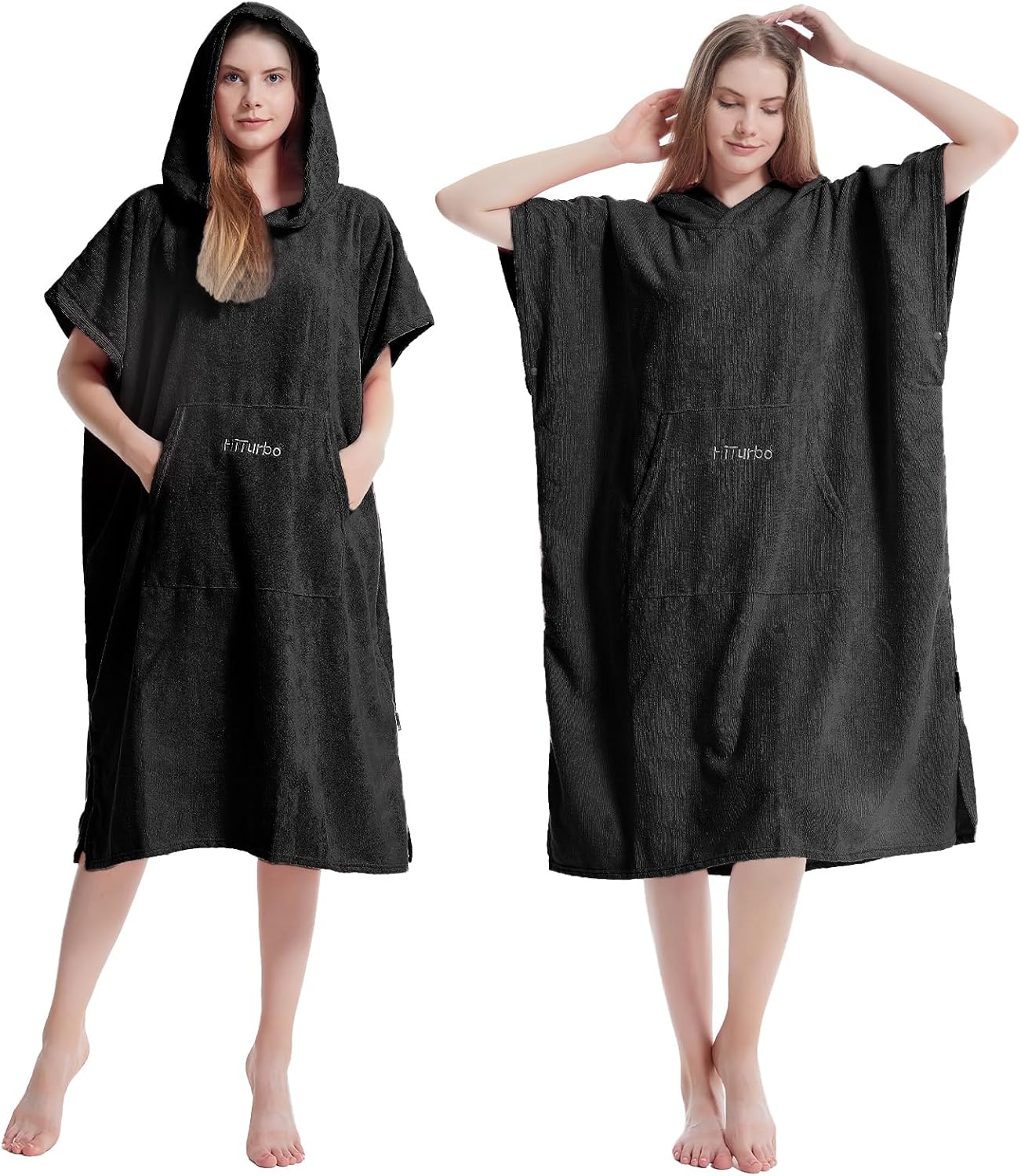 Hiturbo Changing Towel Robe, Absorbent Hooded Surf Poncho Quick-Dry Blanket Towels with Front Pocket for Swiming Surfing Aquatics One Size Unisex (Black)