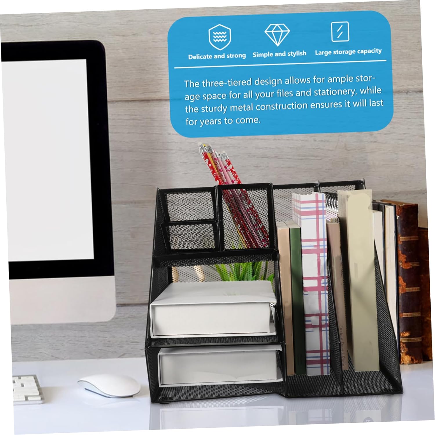 CHILDWEET Iron Mesh File Organizer Left-placed Pen Holder Metal Desktop Storage Rack for Office Supplies Spacious and Stylish Magazine File Holder for Desk Organization