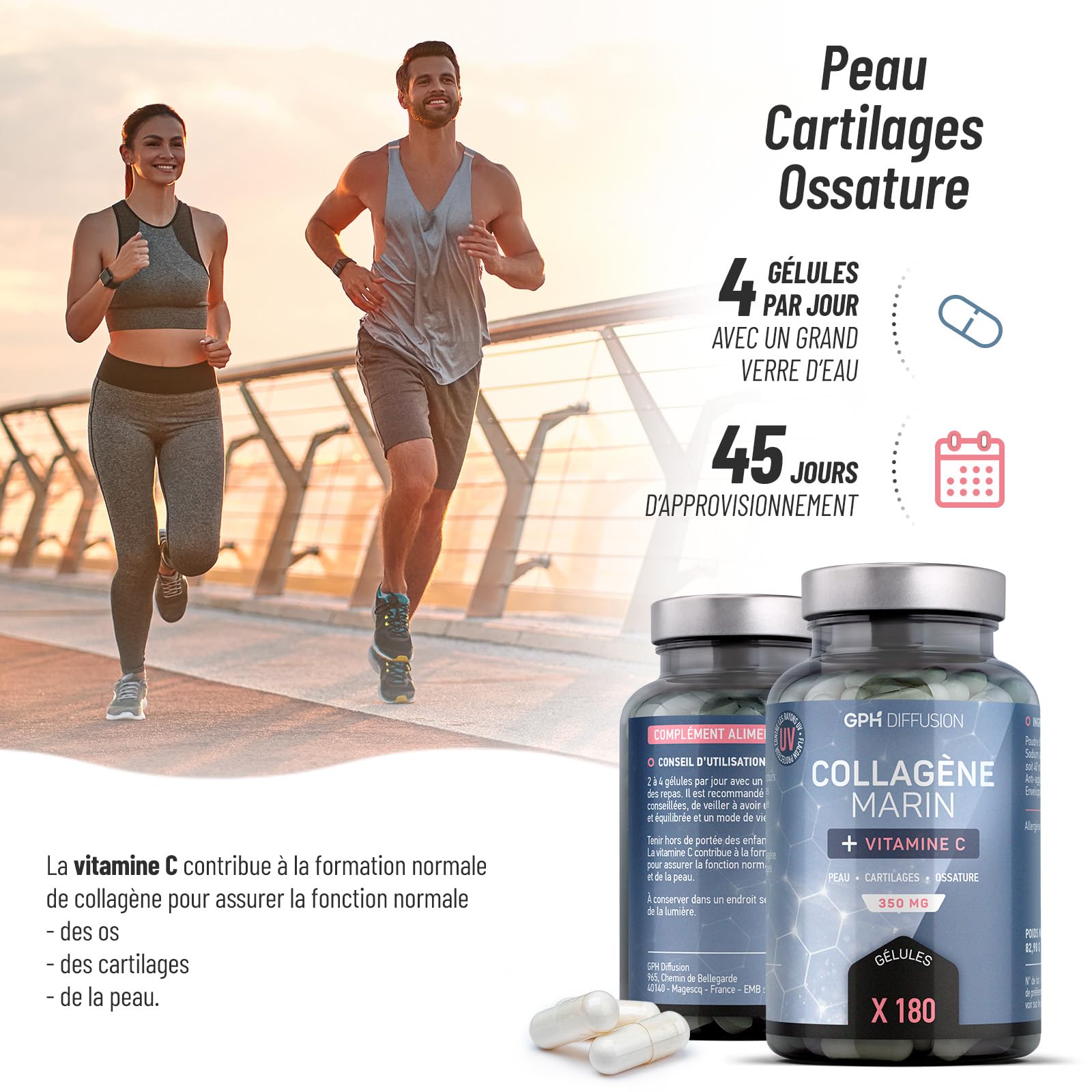 Collagène Marin + Vitamine C - 350 mg - 180 gélules - Peau, Ossature, Cartilages - Fabriqué en France