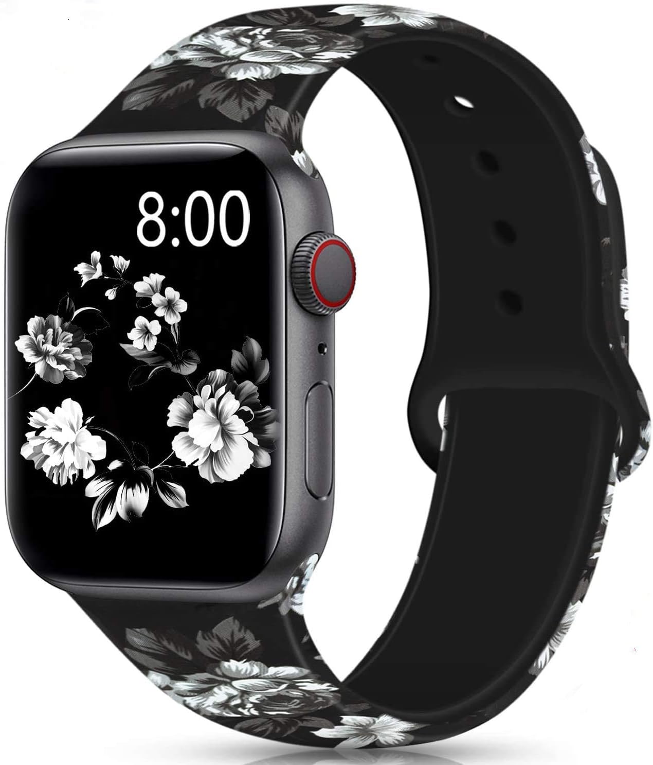 Merlion Compatible with Apple Watch Band 38mm 42mm 40mm 44mm for Women/Men,Silicone Fadeless Pattern Printed Replacement Floral Bands for iWatch Series 6/5/4/3/2/1 Gray FlowerC