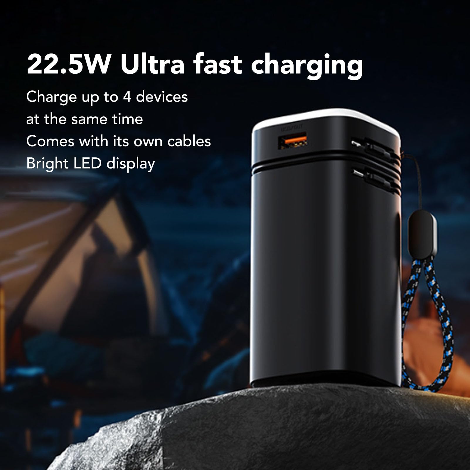 Asixxsix Station d'alimentation portable, chargeur portable 20 000 mAh, lanterne de camping LED, avec câble intégré, 3 niveaux de luminosité et 4 sorties, pour éclairage de secours